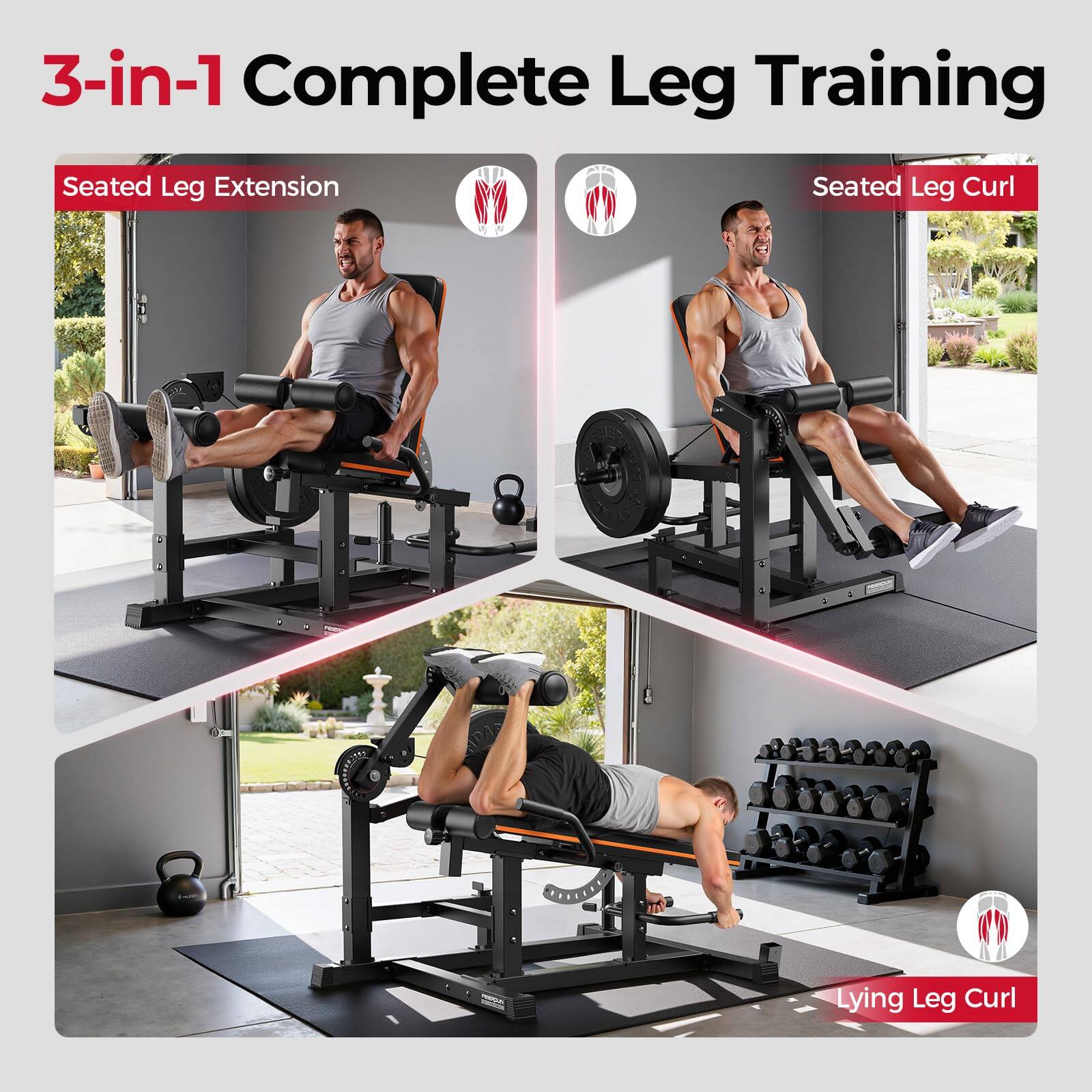 3-in-1 Complete Leg Training

- Seated Leg Extension
- Seated Leg Curl
- Lying Leg Curl