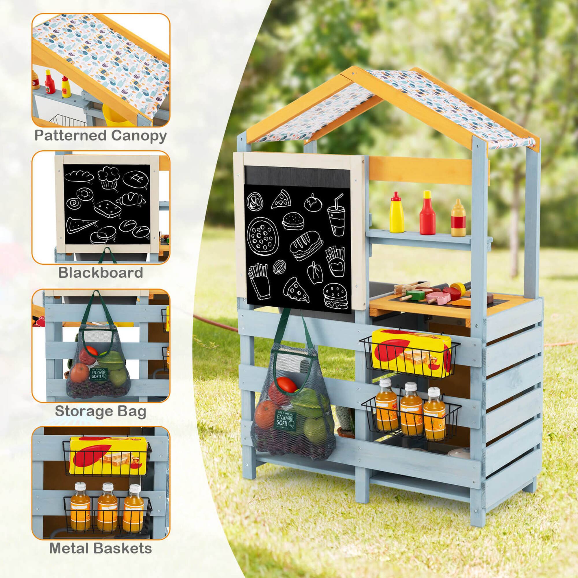 - Patterned Canopy
- Blackboard
- Storage Bag
- Metal Baskets