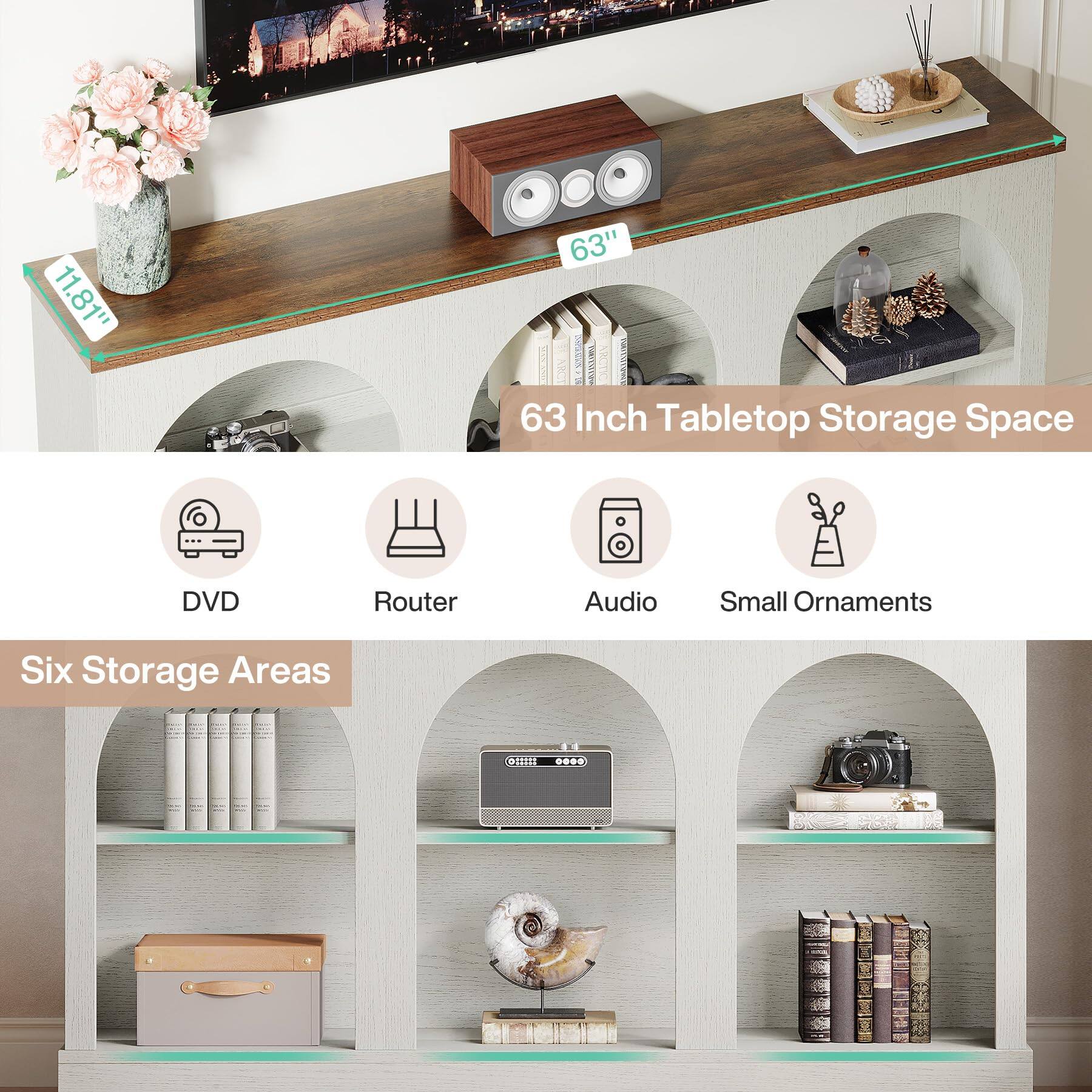 11.81"  
63" COMPANY 63 Inch Tabletop Storage Space  
DVD  
Router  
Audio  
Small Ornaments  
Six Storage Areas