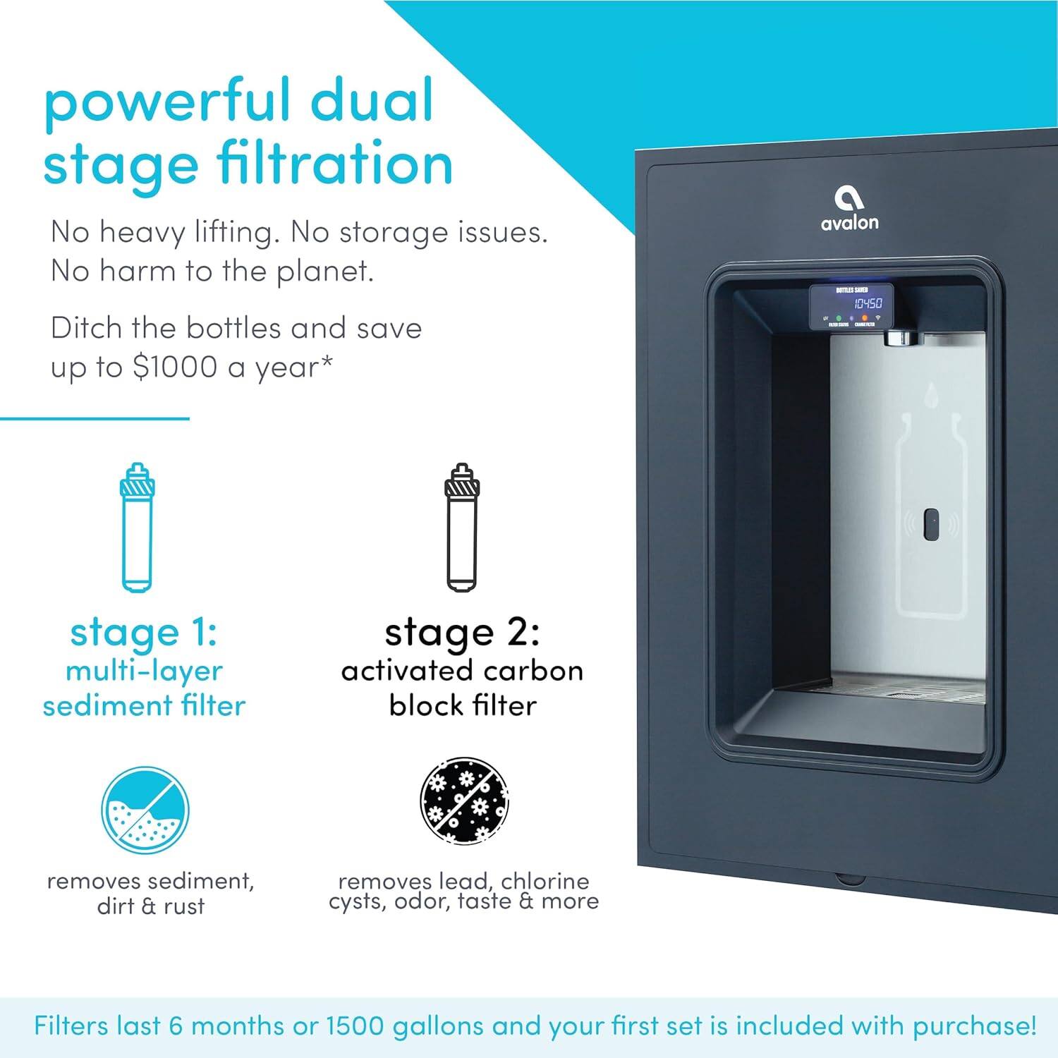 powerful dual stage filtration  
No heavy lifting. No storage issues. No harm to the planet.  
Ditch the bottles and save up to $1000 a year*  

avalon - 0450  

stage 1: multi-layer sediment filter  
removes sediment, dirt & rust  

stage 2: activated carbon block filter  
removes lead, chlorine cysts, odor, taste & more  

Filters last 6 months or 1500 gallons and your first set is included with purchase!