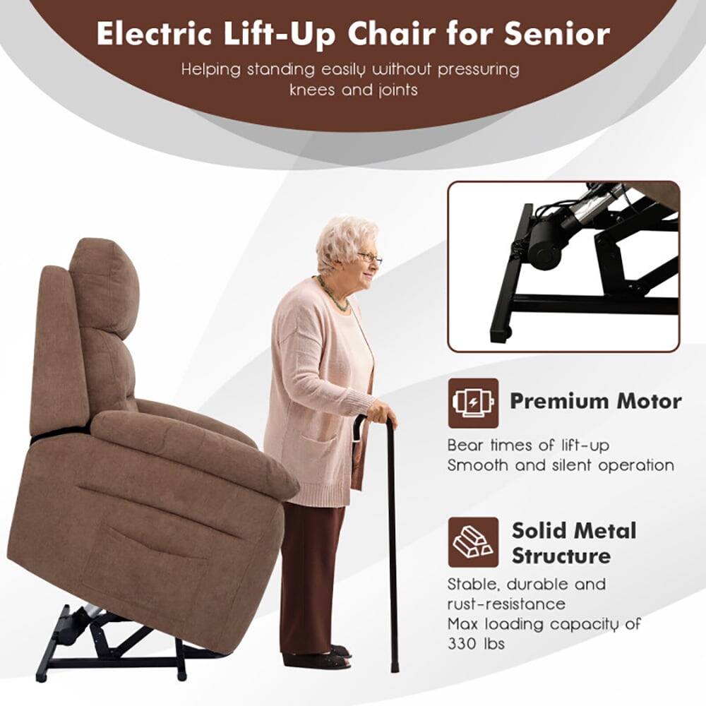 Electric Lift-Up Chair for Senior  
Helping standing easily without pressuring knees and joints  

Premium Motor  
Bear times of lift-up  
Smooth and silent operation  

Solid Metal Structure  
Stable, durable and rust-resistant  
Max loading capacity of 330 lbs
