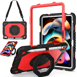 Dteck - Shockproof Case for Apple iPad (A16) 11" 2025 & iPad 10th Gen 10.9" with Strap & 360° Stand,Rugged Cover+Plastic Stylus - Red