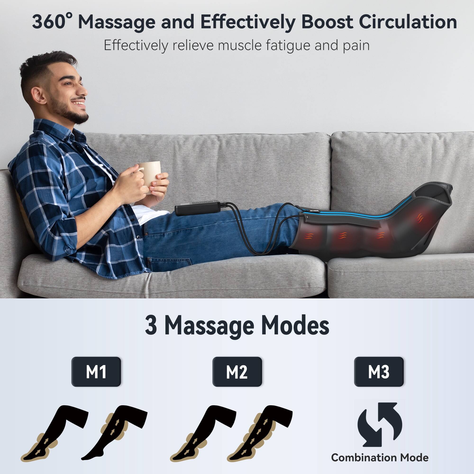 360° Massage and Effectively Boost Circulation  
Effectively relieve muscle fatigue and pain  

3 Massage Modes  
M1  
M2  
M3  
Combination Mode