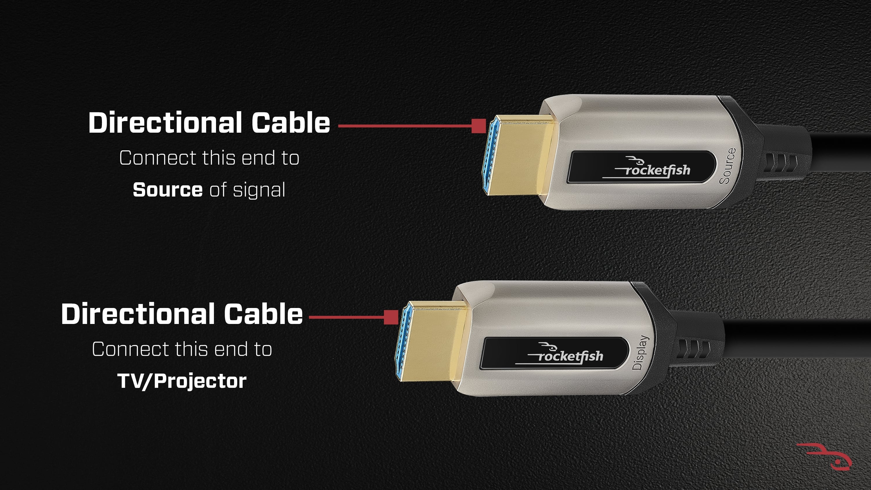 Directional Cable: Connect this end to Source of signal (rocketfish). Directional Cable: Connect this end to TV/Projector (rocketfish).