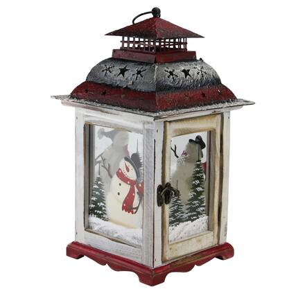 Front. Northlight - Rustic Snowman Christmas Scene Candle Lantern - 14.5" - Red and White - Red.