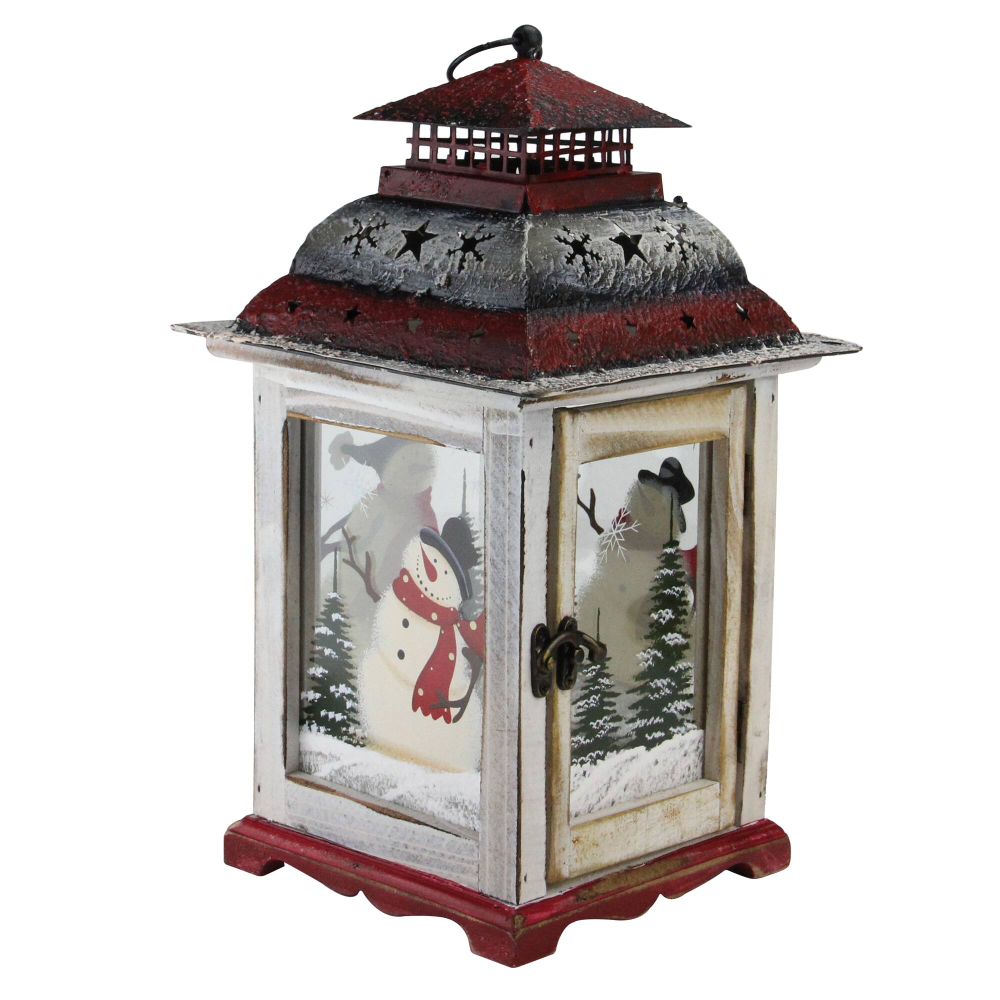 Front. Northlight - Rustic Snowman Christmas Scene Candle Lantern - 14.5" - Red and White - Red.