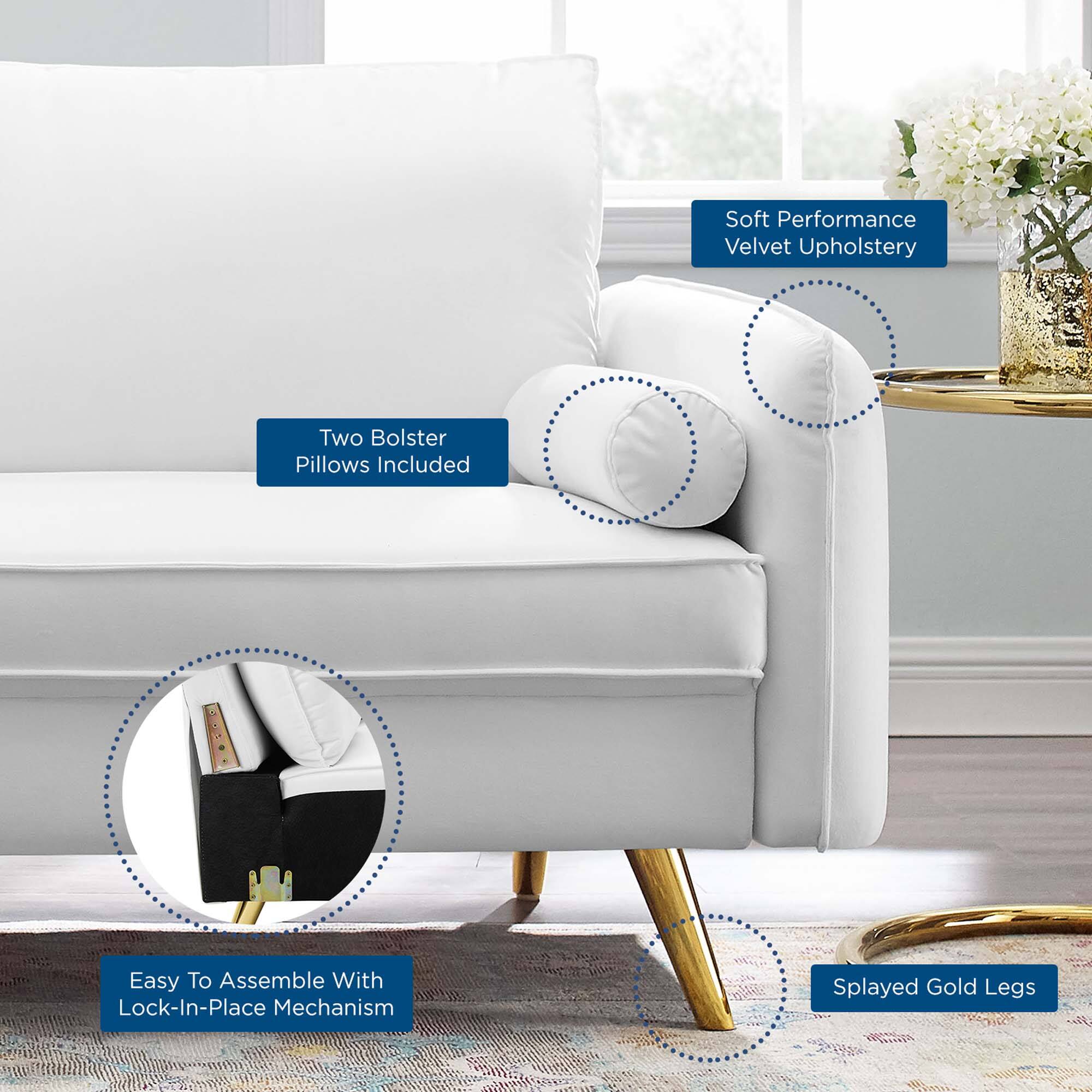- Soft Performance Velvet Upholstery
- Two Bolster Pillows Included
- Easy To Assemble With Lock-In-Place Mechanism
- Splayed Gold Legs