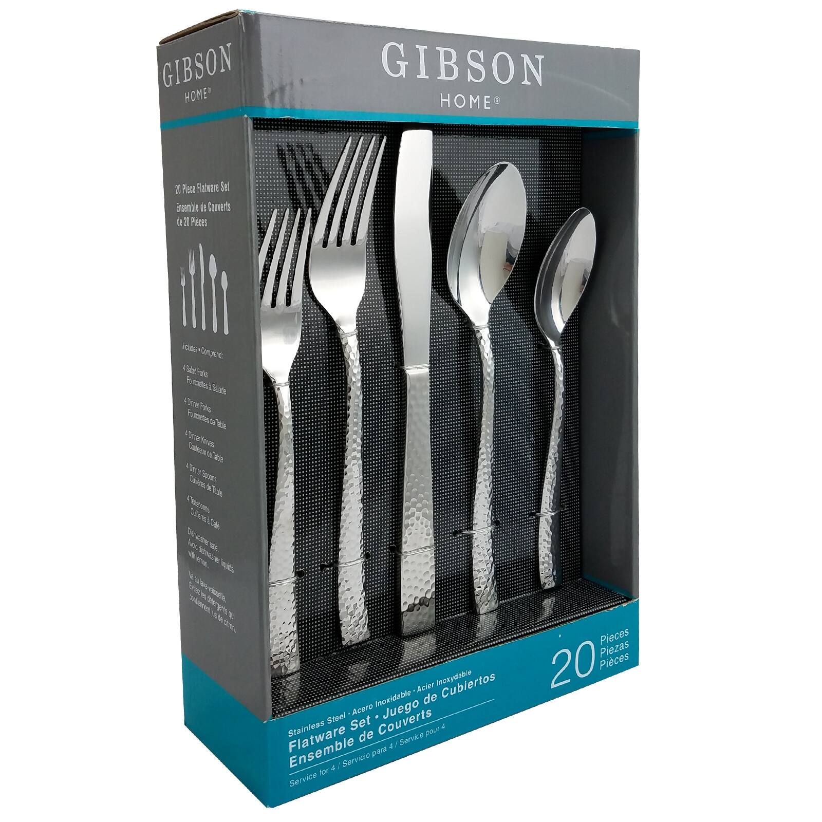 GIBSON HOME

20 Piece Flatware Set  
Ensemble de Couverts de 20 Pièces

Includes:  
4 Service Forks  
4 Dinner Forks  
4 Dinner Knives  
4 Dinner Spoons  
4 Teaspoons  
4 Dessert Forks  
4 Dessert Spoons  
4 Dessert Knives  
4 Coffee Spoons  
4 Salad Forks  
4 Salad Spoons  
4 Salad Knives  
4 Cocktail Forks  
4 Cocktail Spoons  
4 Cocktail Knives  
4 Soup Spoons  
4 Soup Ladles  
4 Soup Spoons  
4 Soup Ladles  
4 Soup Spoons  
4 Soup Ladles  
4 Soup Spoons  
4 Soup Ladles  
4 Soup Spoons  
4 Soup Ladles  
4 Soup Spoons  
4 Soup Ladles  
4 Soup Spoons  
4 Soup Ladles  
4 Soup Spoons  
4 Soup Ladles  
4 Soup Spoons  
4 Soup Ladles  
4 Soup Spoons  
4 Soup Ladles  
4 Soup Spoons  
4 Soup Ladles  
4 Soup Spoons  
4 Soup Ladles  
4 Soup Spoons  
4 Soup Ladles  
4 Soup Spoons  
4 Soup Ladles  
4 Soup Spoons  
4 Soup Ladles  
