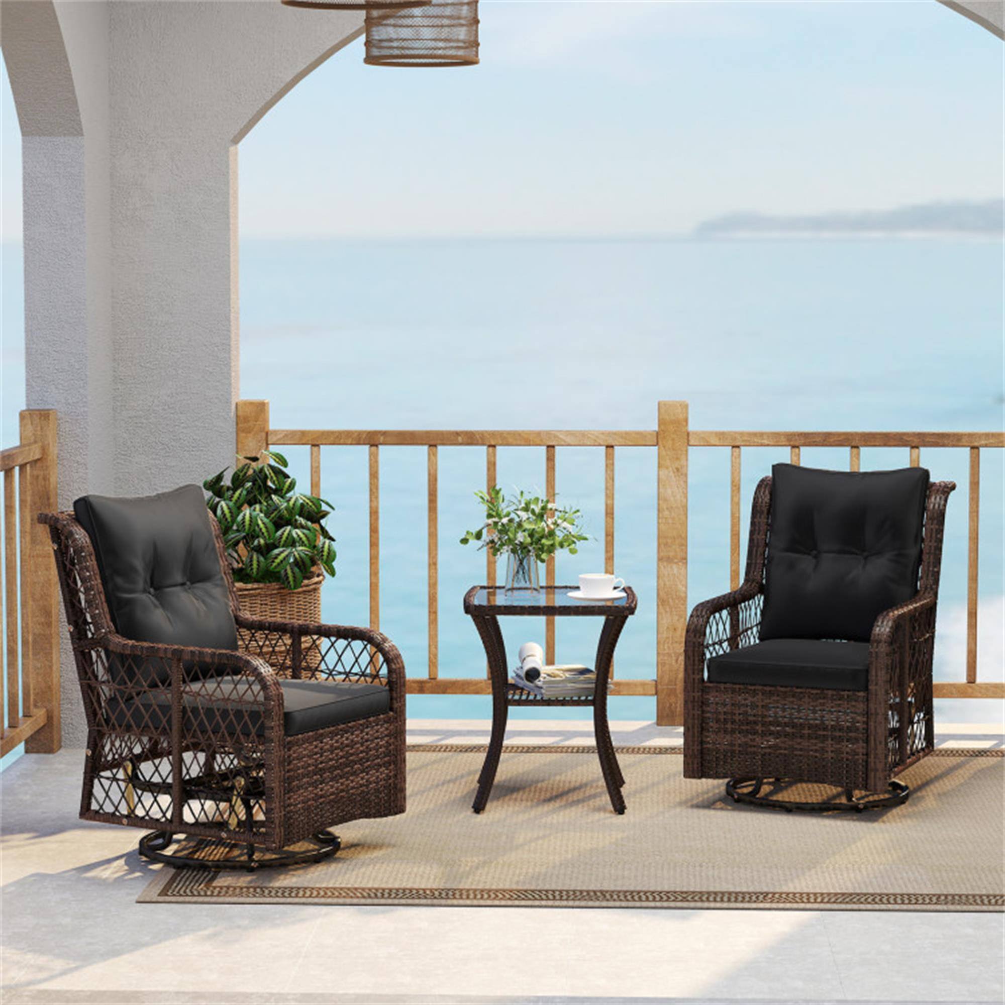 Alt View 2. Boyel Living - Black 3 Pieces Patio Furniture Set PE Wicker Swivel Glider Chairs with 2Tier Side Table and 35-in L x 30-in W x 26-in H - Black.