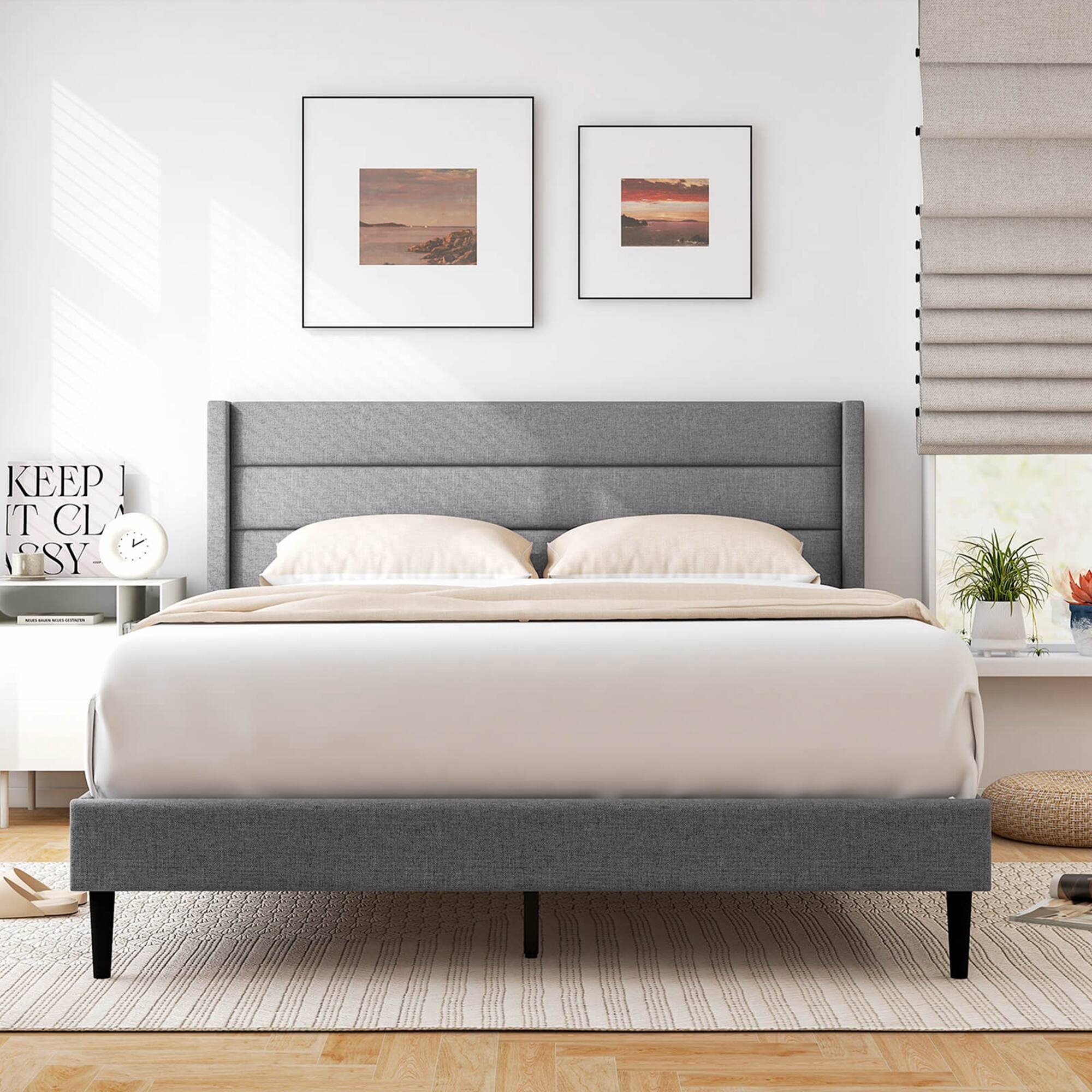 Angle. Costway - Queen Bed Frame with Wingback Headboard Linen Upholstered Platform Bed - Grey.