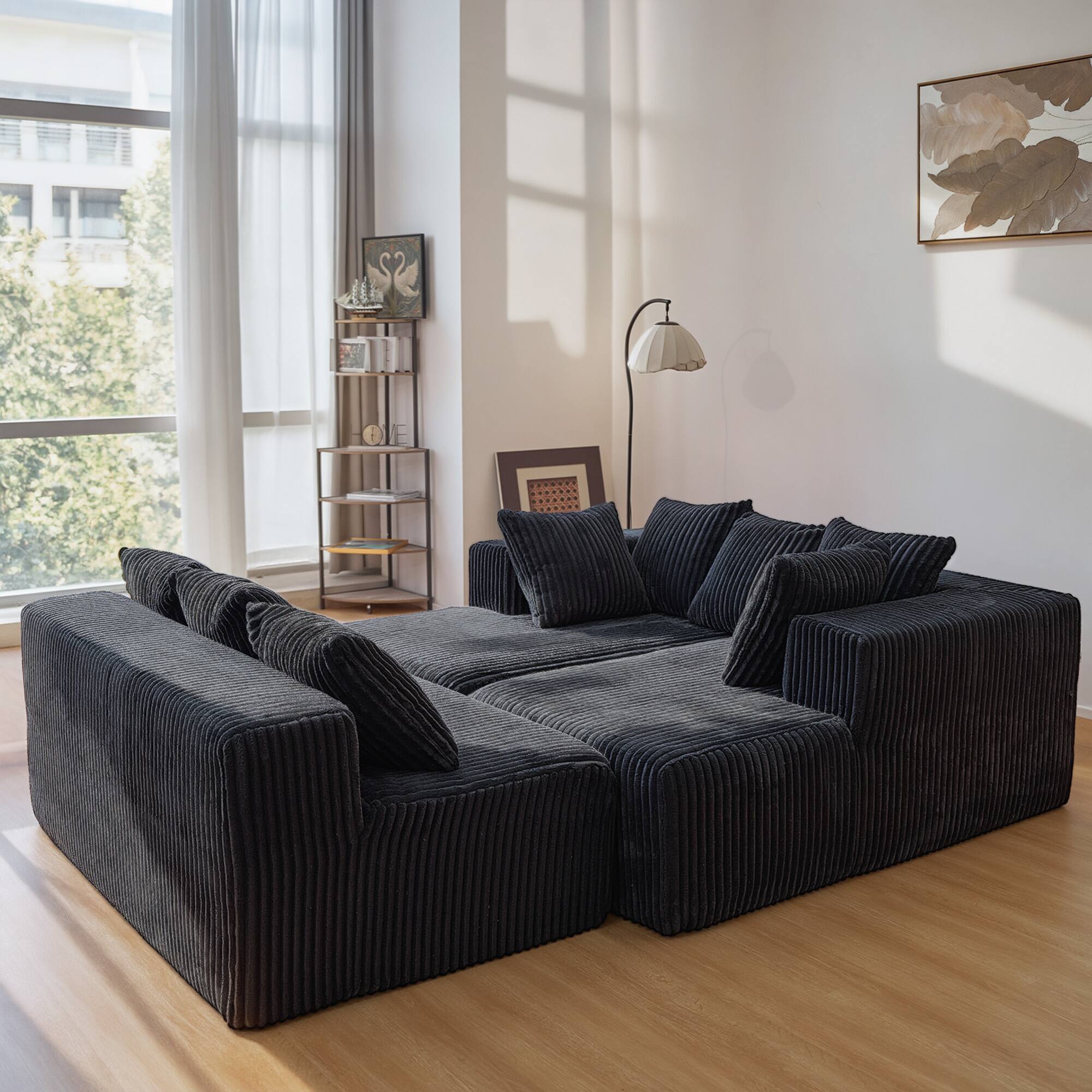 Alt View 7. Meqiodas - 130" Boneless Couch, Cloud Couch Sectional, Corduroy Sofa for Living Room, U Shaped Modular Sofa, No Assembly - Black.