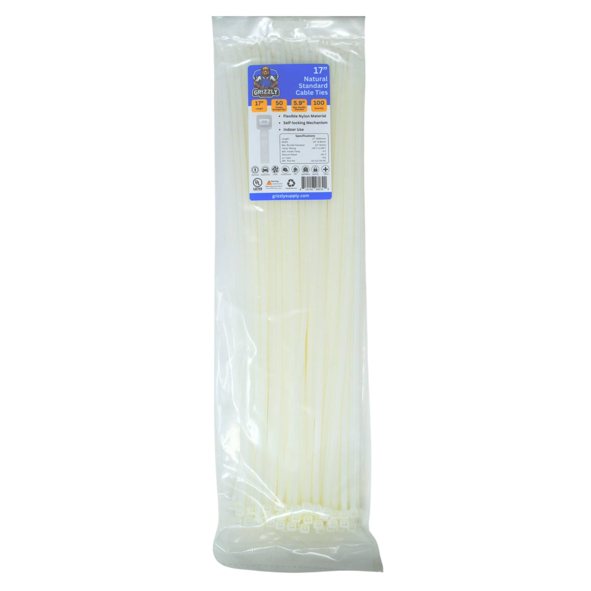 GRIZZLY 17" Natural Standard Cable Ties 17" - 59¢ - 100 - Flexible Nylon Material - Visible Use - GrizzlySupply.com