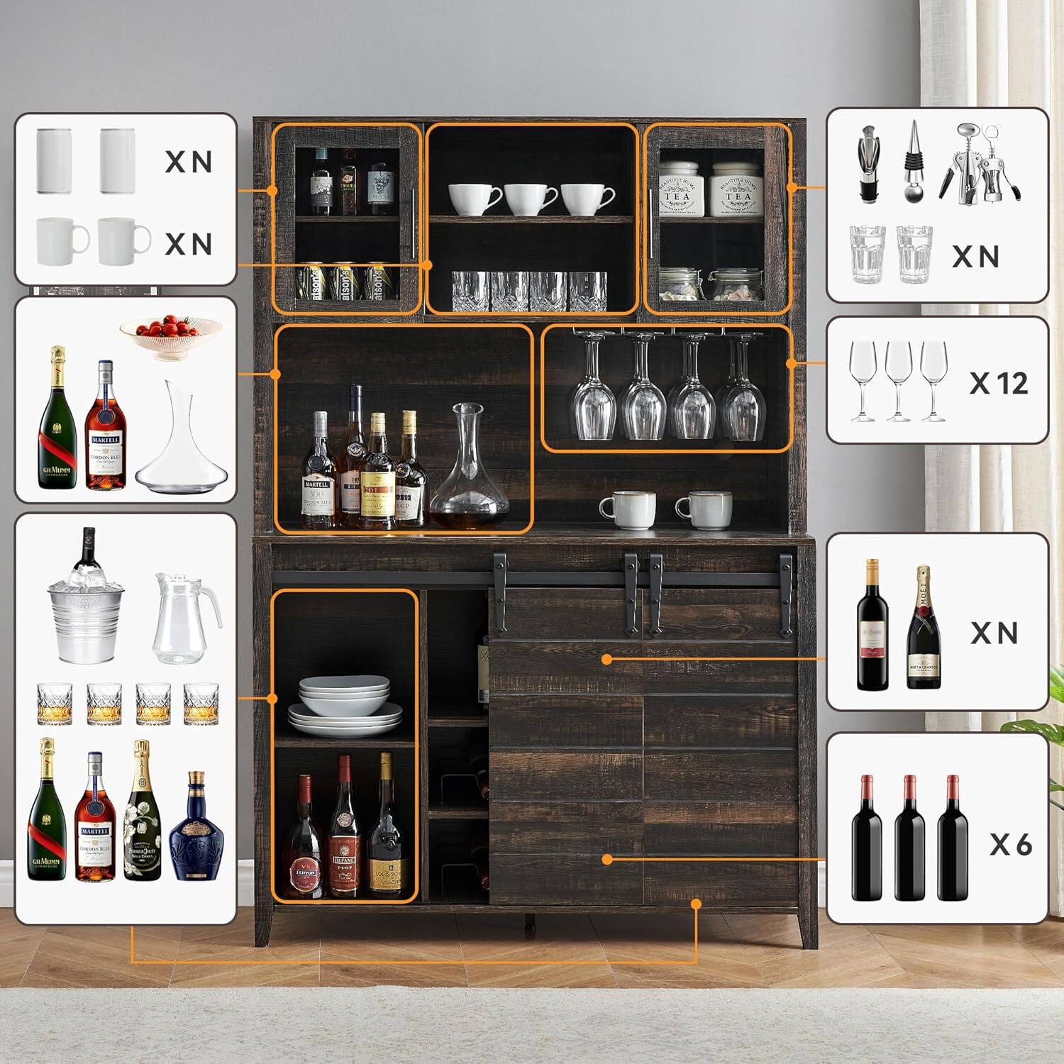 - Cups: XN
- Mugs: XN
- Glasses: XN
- Wine Glasses: X12
- Wine Bottles: XN
- Champagne Bottles: X6
- Plates: XN
- Ice Bucket and Pitcher: XN
- Tea Jars: XN
- Cocktail Shakers: XN