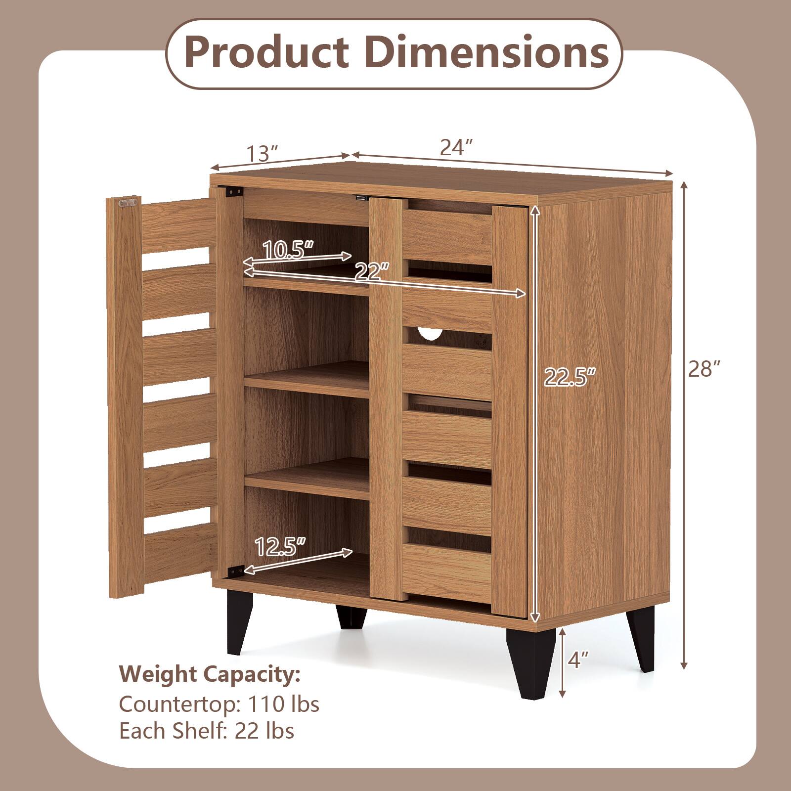 Product Dimensions:  
13" x 24" x 10.5" x 22" x 22.5" x 28" x 12.5" x 4"  

Weight Capacity:  
Countertop: 110 lbs  
Each Shelf: 22 lbs