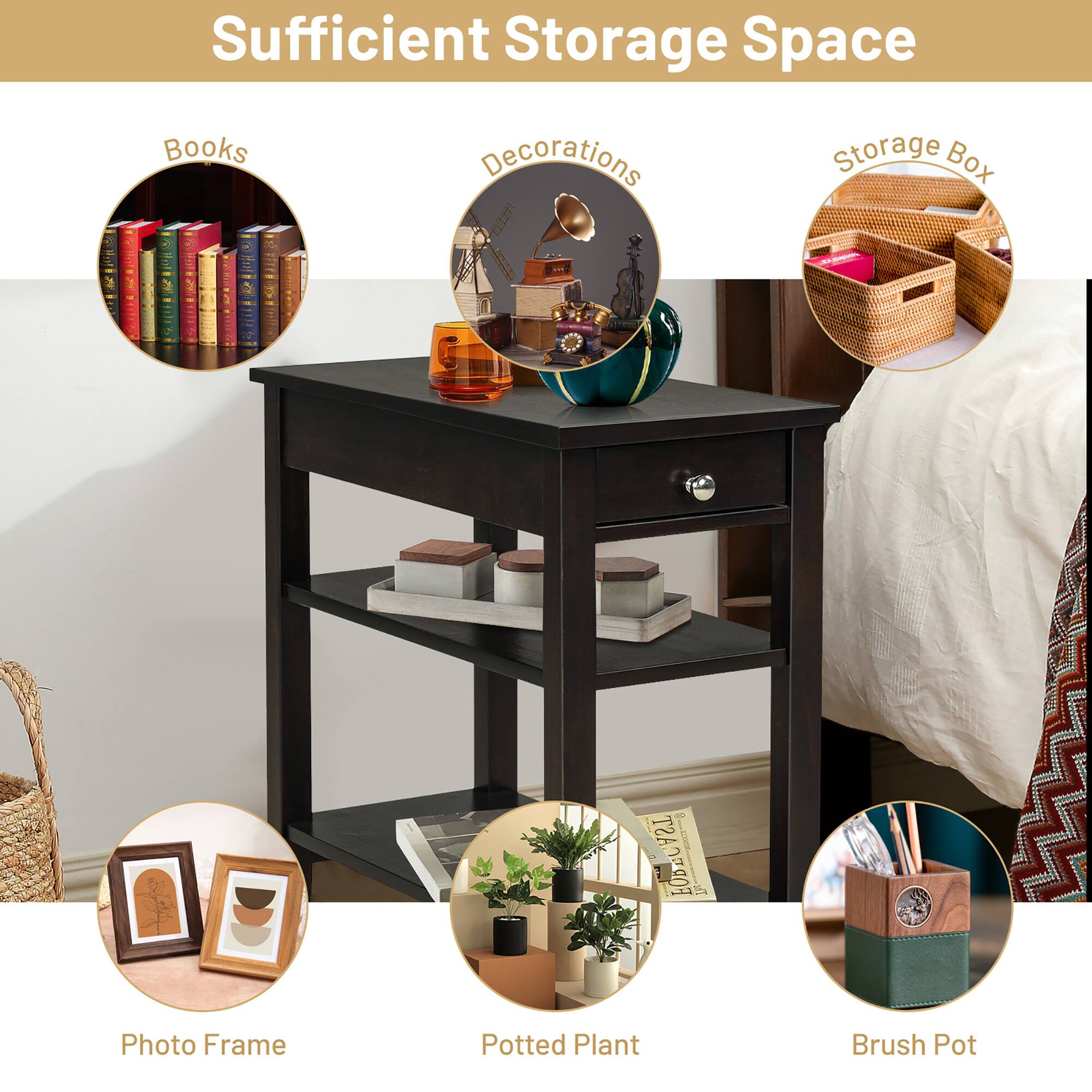 Sufficient Storage Space - Books, Decorations, Storage Box, Photo Frame, Potted Plant, Brush Pot
