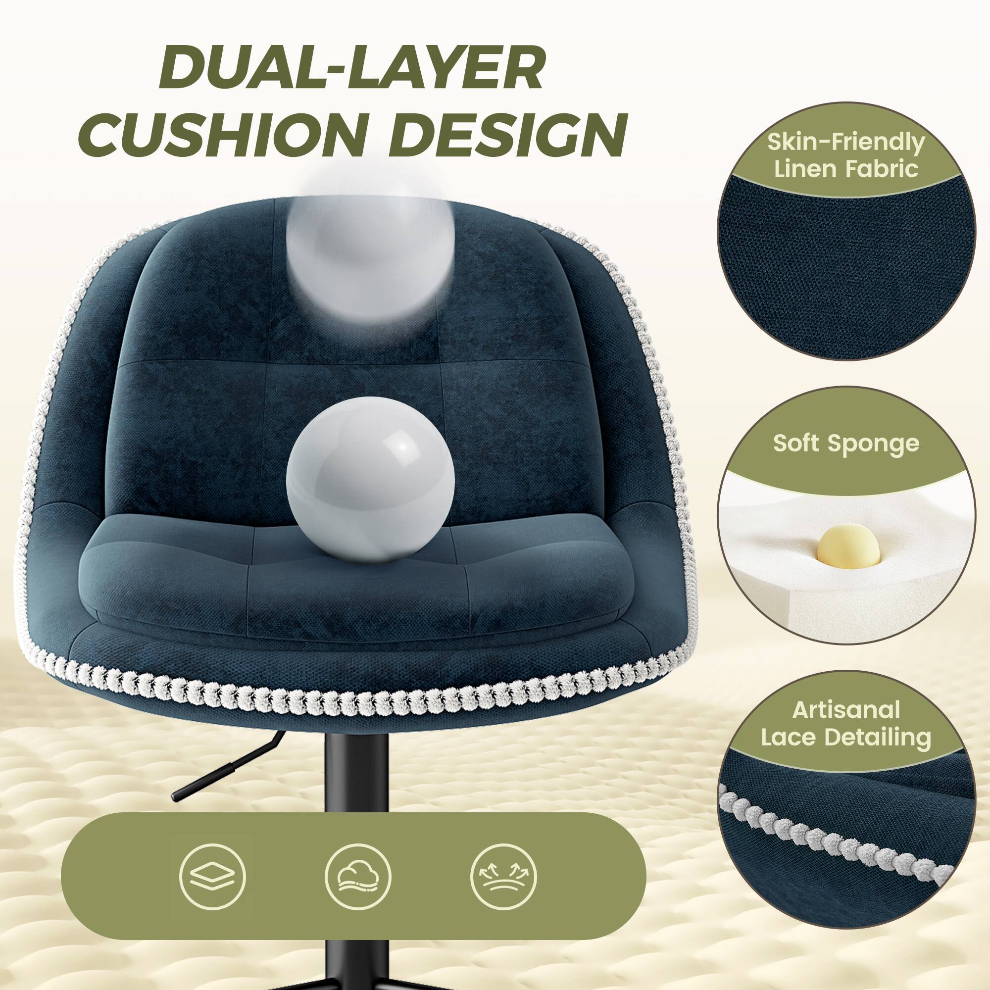DUAL-LAYER CUSHION DESIGN

- Skin-Friendly Linen Fabric
- Soft Sponge
- Artisanal Lace Detailing