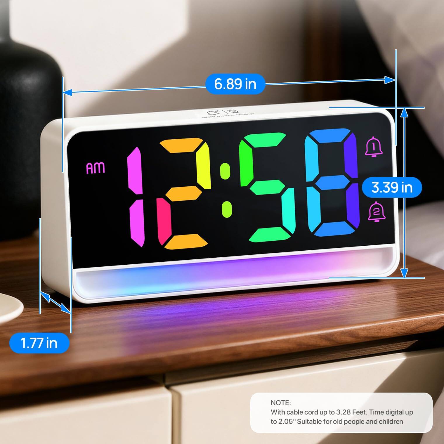 6.89 in  
1 AM 12:58  
3.39 in  
1.77 in  

NOTE: With cable cord up to 3.28 Feet. Time digital up to 2.05" Suitable for old people and children