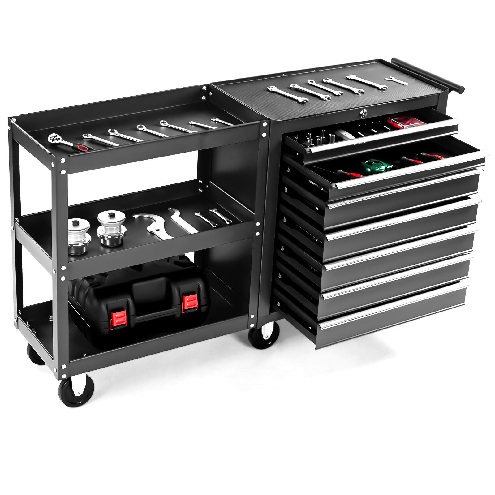 Left. Winado - 7-Drawer Tool Chest with Side Shelves, Lock & Key, 6 Wheels Tool Box Organizer - Black.