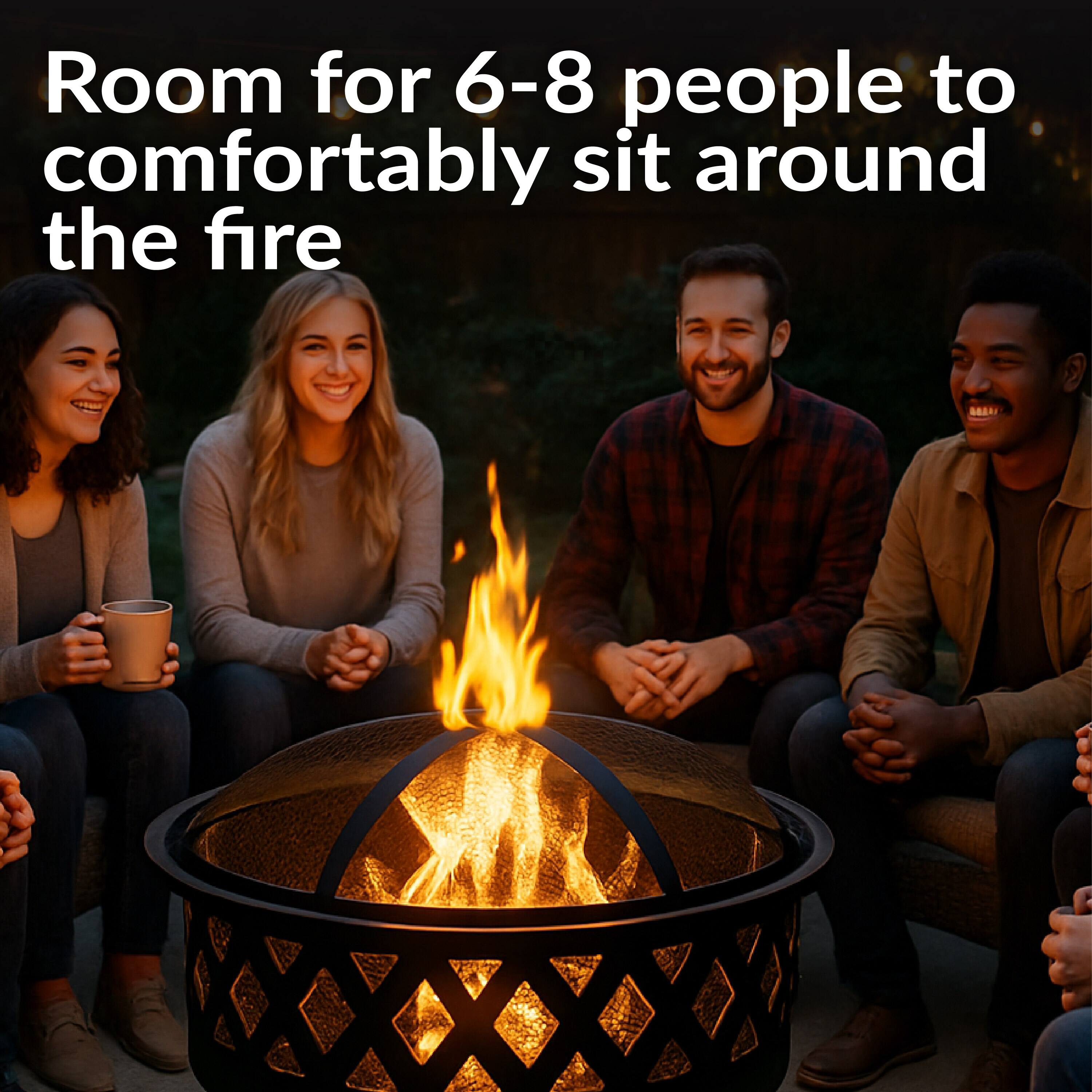 Room for 6-8 people to comfortably sit around the fire