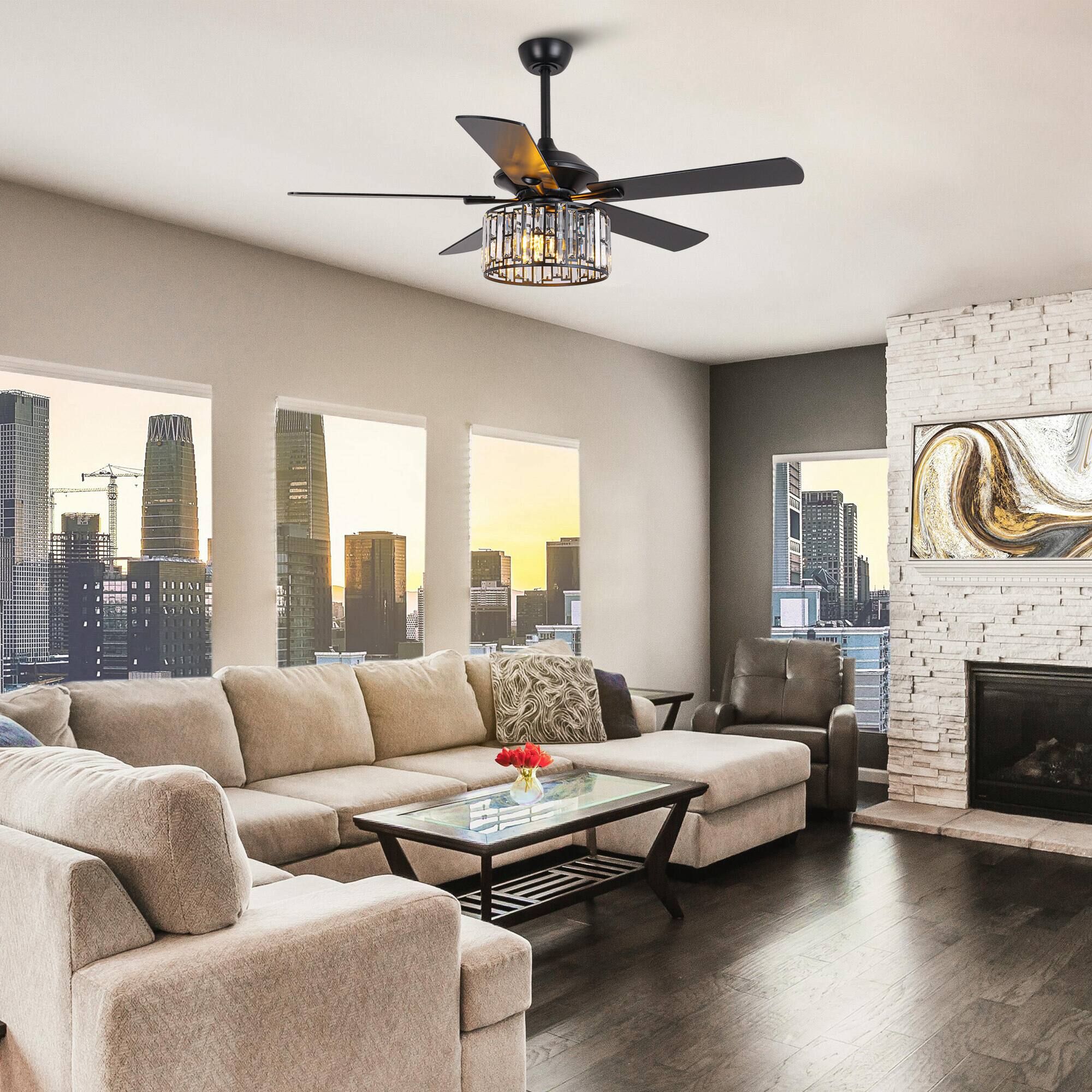 Left. Parrot Uncle - 52"Modern Crystal Chandelier Ceiling Fan with Light and Remote - Matte Black.