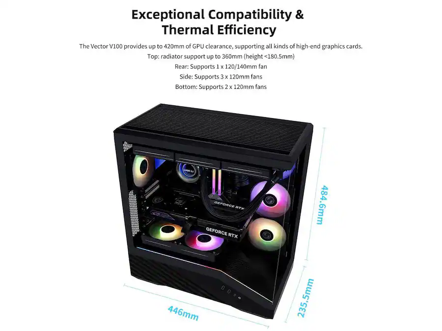 Lian Li V100X ATX Mid Tower Case, RGB LED, Tempered Glass, 420mm GPU ...