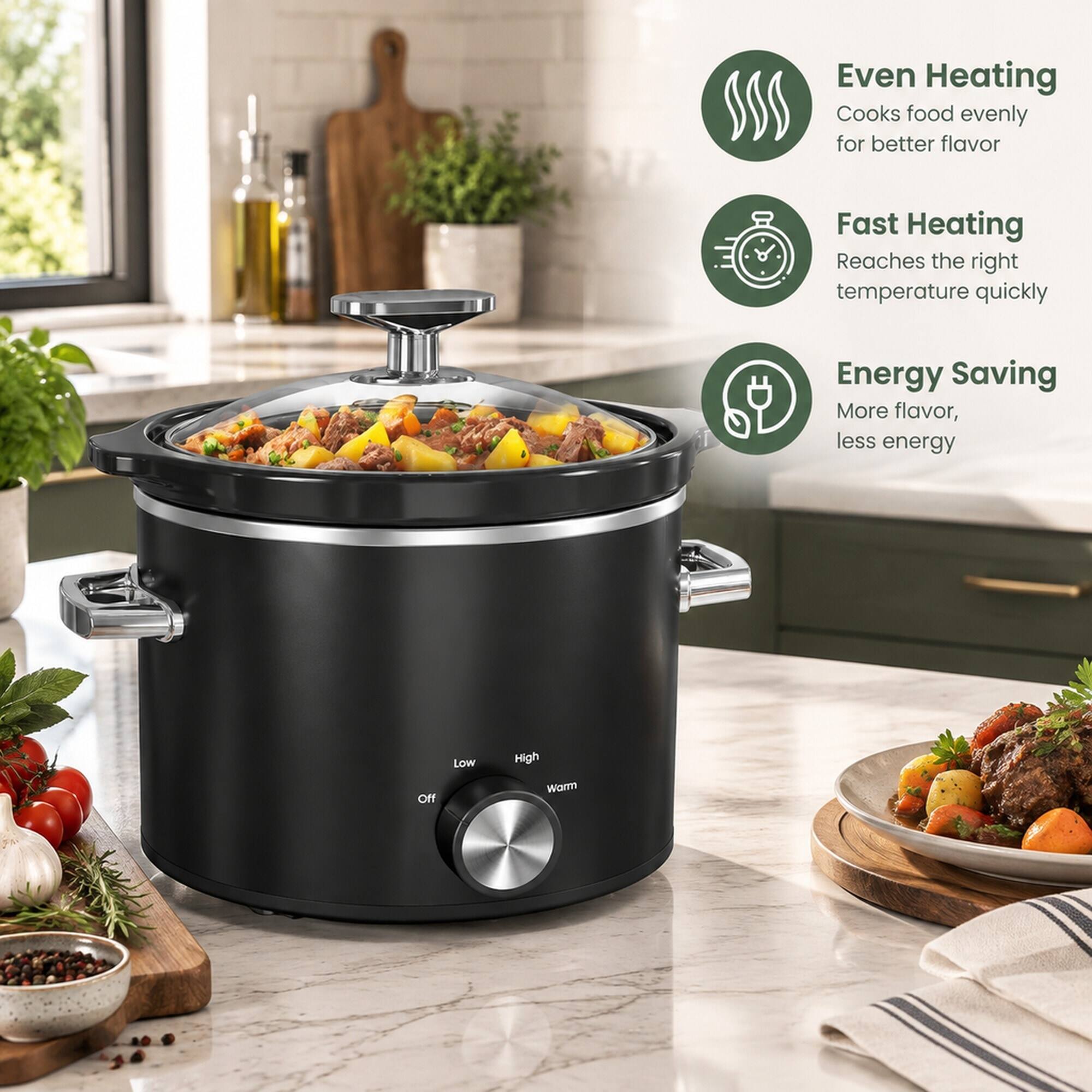 Even Heating  
Cooks food evenly for better flavor

Fast Heating  
Reaches the right temperature quickly

Energy Saving  
More flavor, less energy

Off  
Low  
High  
Warm