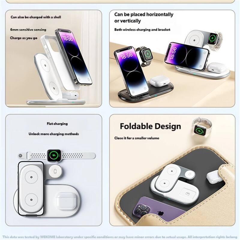 Can also be charged with a shell  
6mm sensitive sensing  
Charge as you go  

Can be placed horizontally or vertically  
Both wireless charging and bracket  

Flat charging  
Unlock more charging methods  

Foldable Design  
Close it for a smaller volume  

This data was tested by WEKOME laboratory under specific conditions or may have minor errors due to actual usage. All interpretation rights belong