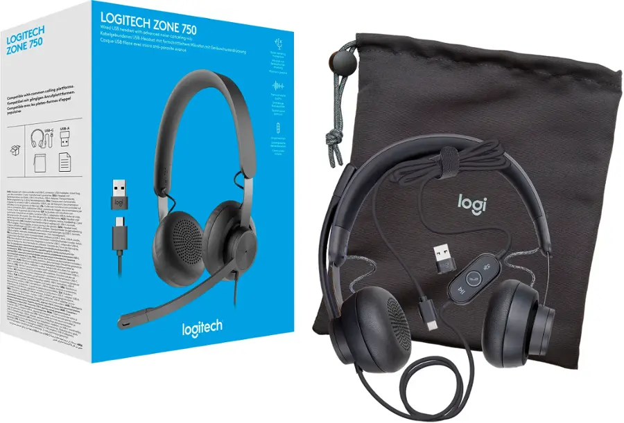 The image features a Logitech Zone 750 headset and a black bag. The headset is a wired USB headset with a black and grey design, and it comes with a carrying case. The headset is compatible with various platforms and devices, including USB-C and USB-A connections. The headset is designed with advanced noise-cancellation technology and features a comfortable, ergonomic design. The black bag is used to store the headset when not in use.