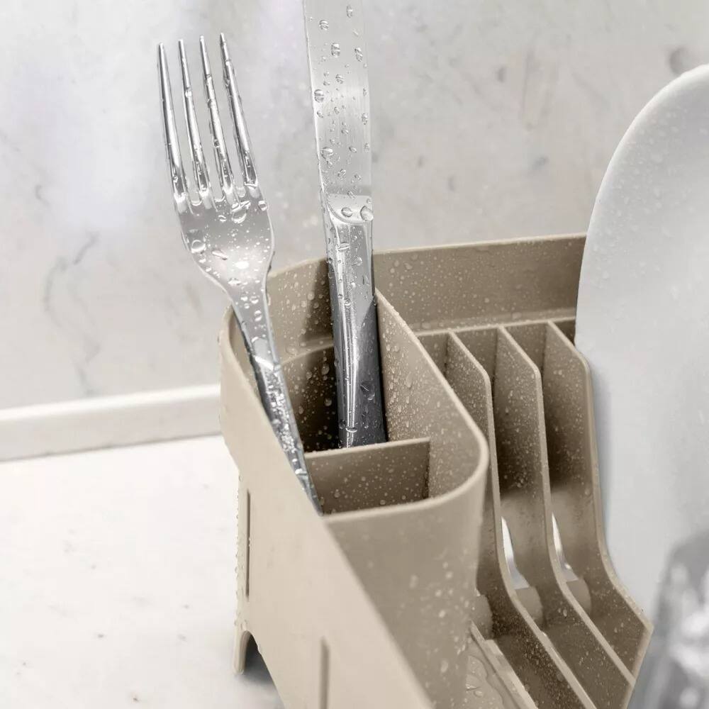 Left. OU - OU Dish Drying Rack for Kitchen Counter, Freestanding Plastic Dish Strainer with Utensil Holder - Beige - Beige.