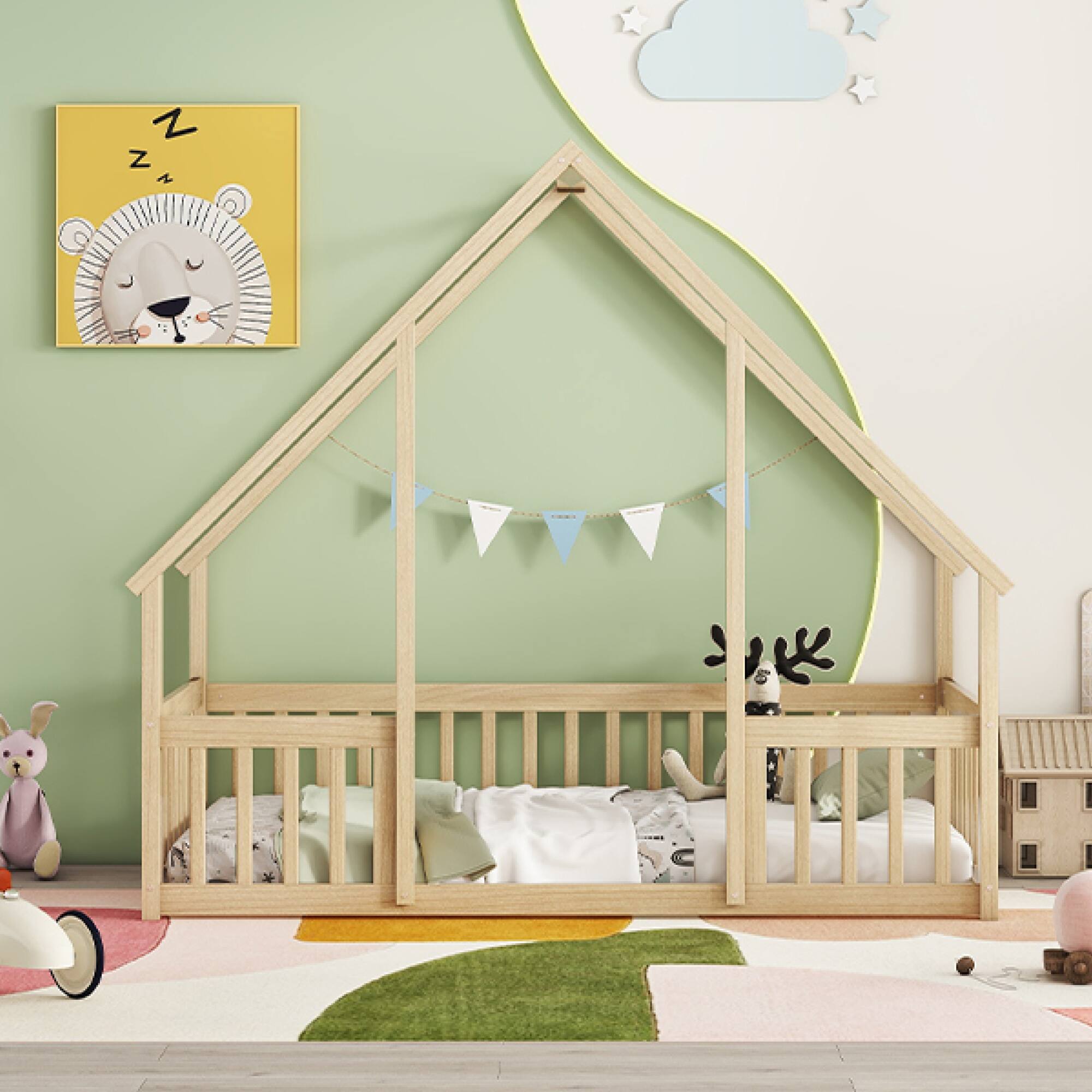 Alt View 10. GOODSILO - House-Shaped Twin Floor Bed with Safety Fence and Guardrails for Children's Playful Sleep Space - Natural.