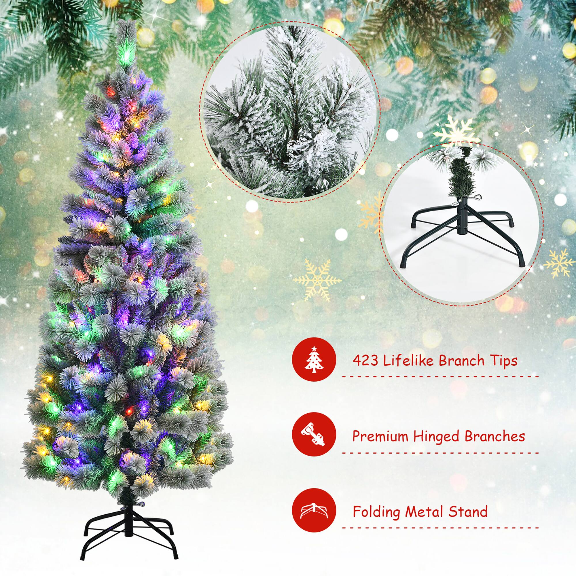 The image features a colorful Christmas tree with lights and ornaments. The tree is accompanied by a description that includes the following phrases: "423 Lifelike Branch Tips," "Premium Hinged Branches," "Folding Metal Stand," and "Folding Metal Stand." These phrases can be grouped together as they all relate to the tree's design and features.
