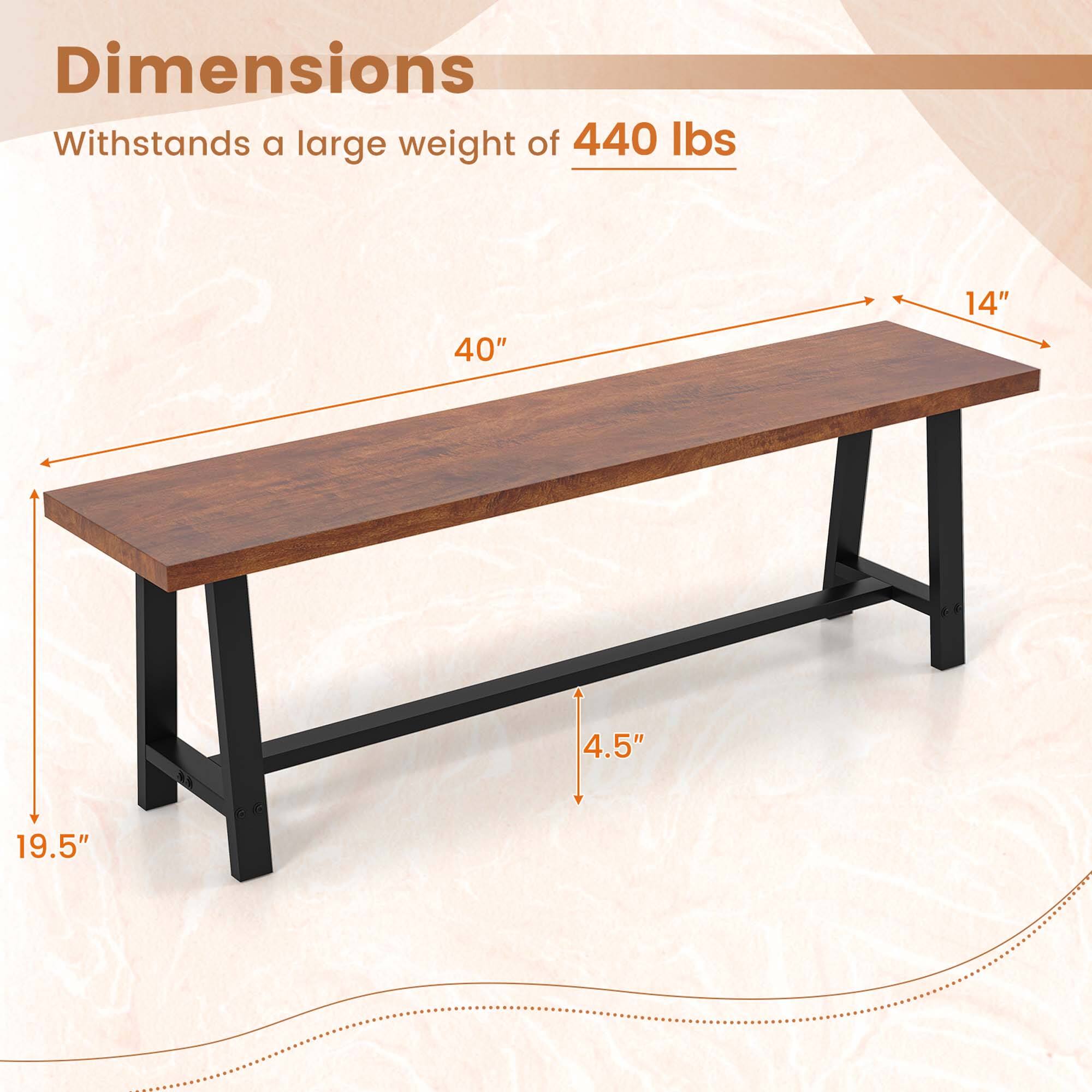 The image shows a wooden bench with dimensions that can withstand a large weight of 440 lbs. The bench is 40 inches long, 14 inches wide, and 4.5 inches high.