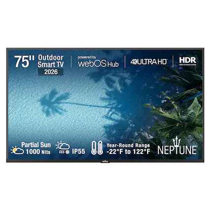 75" Outdoor Smart TV 2026
powered by webOS Hub
4K ULTRA HD HDR
Partial Sun 1000 Nits
IP55
Year-Round Range -22°F to 122°F
NEPTUNE