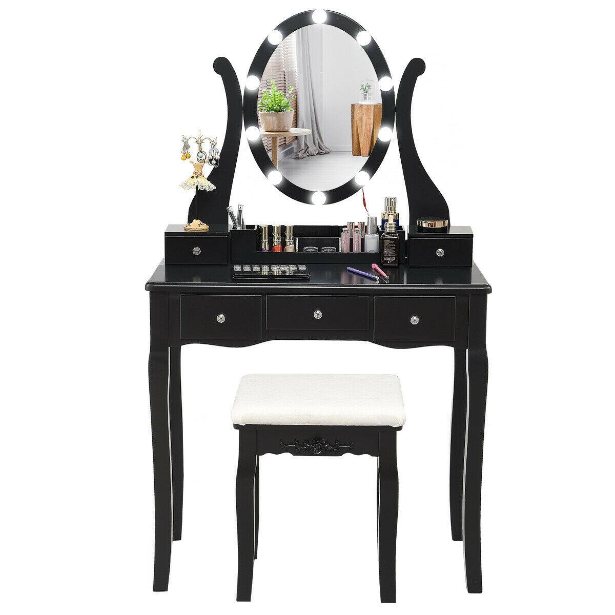 Alt View 9. Gymax - Gymax Vanity Table Set w/10 Light Bulbs and Touch Switch Makeup Dressing Table Black - Black.