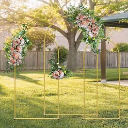 Oumilen - Set of 3 Metal Arched Wedding Backdrop Stands (7.3FT+6.6FT+6FT) - Gold