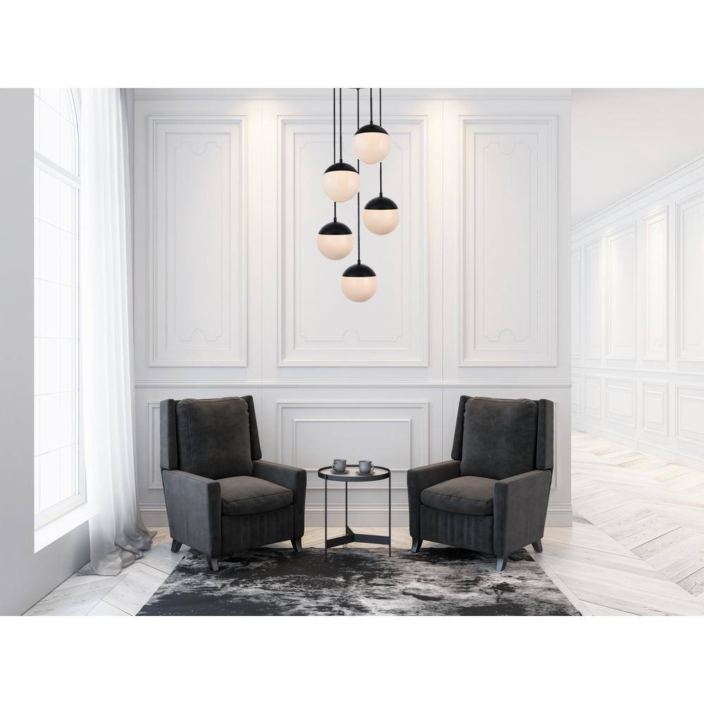 Angle. Living District - Eclipse 5 Lights Black Pendant With Frosted White Glass - Black And Frosted White.