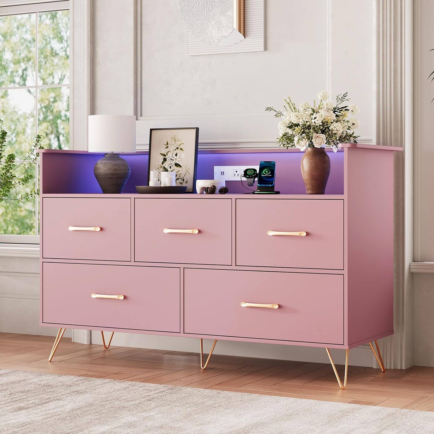 Front. Babevy - 5 Drawer Dresser for Bedroom, 47 in Modern Wooden Dresser with Charging Station, Wide Chest, Pink - Pink.