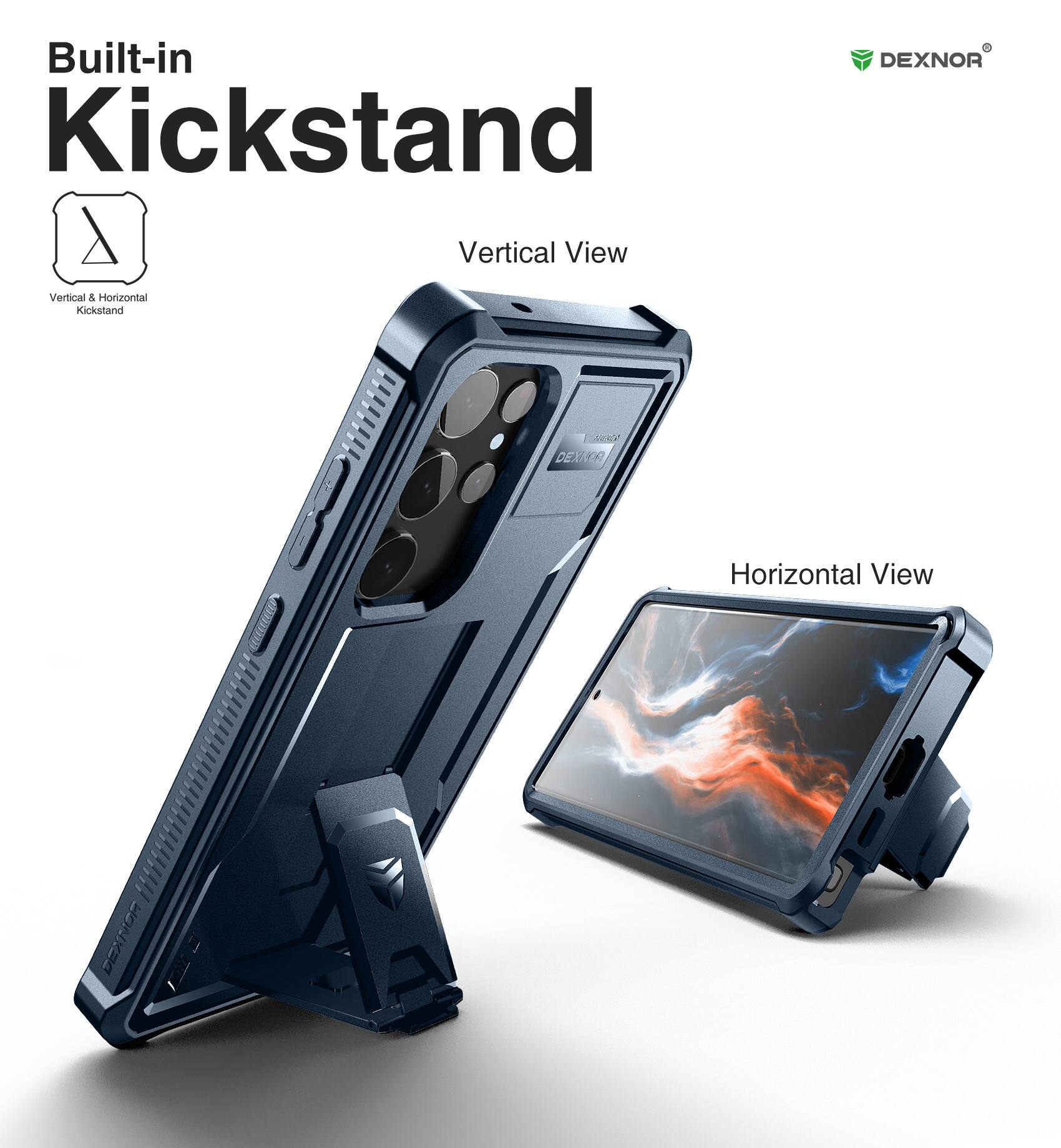 Built-in Kickstand, Vertical View, Horizontal View, DEXNOR