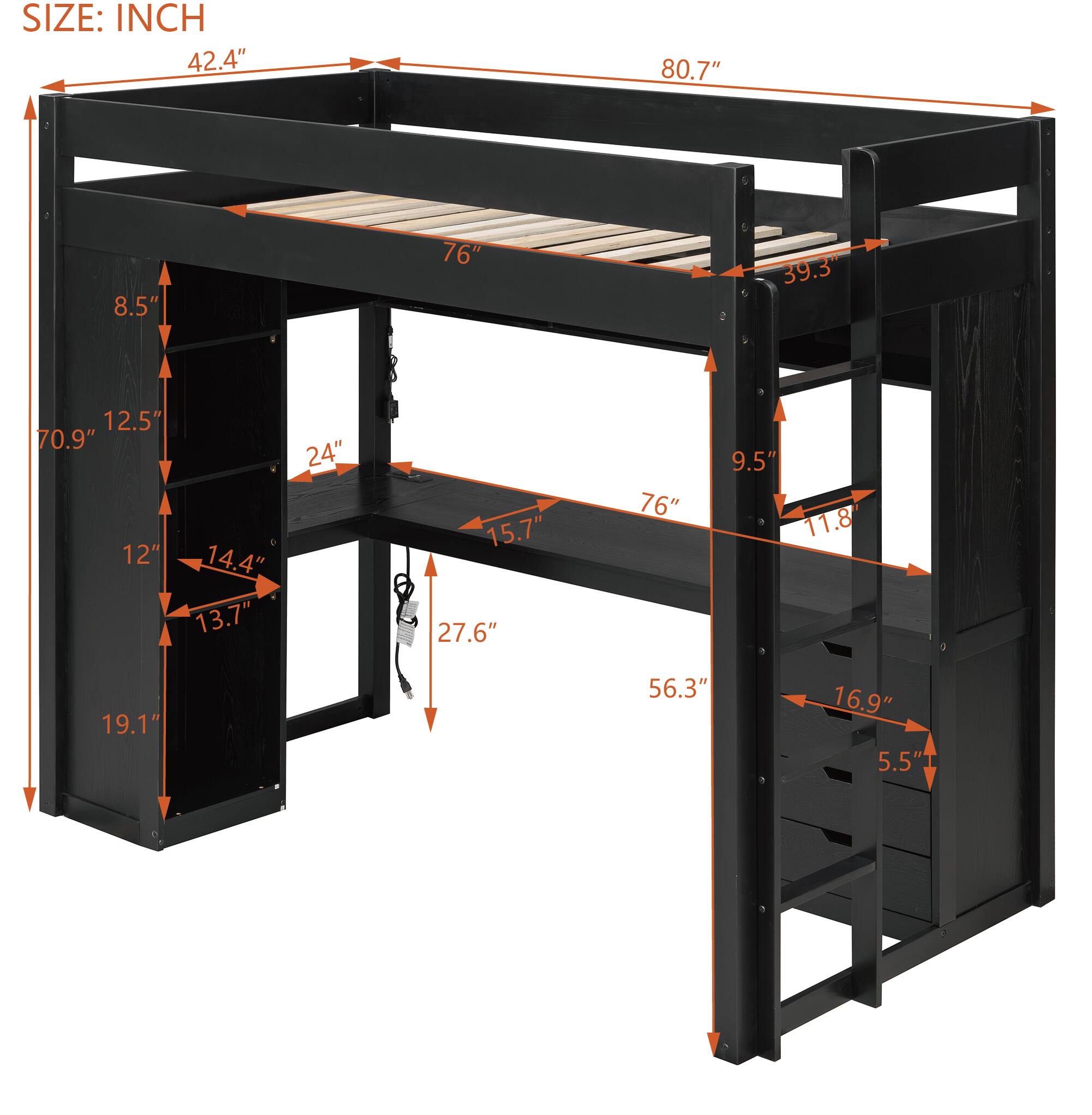 SIZE: INCH  
42.4" 80.7" 8.5" 76" 39.3" 12.5" 70.9" 12" 14.4" 13.7" 24" 15.7" 27.6" 76" 9.5" 11.8" 19.1" 56.3" 16.9" 5.5"