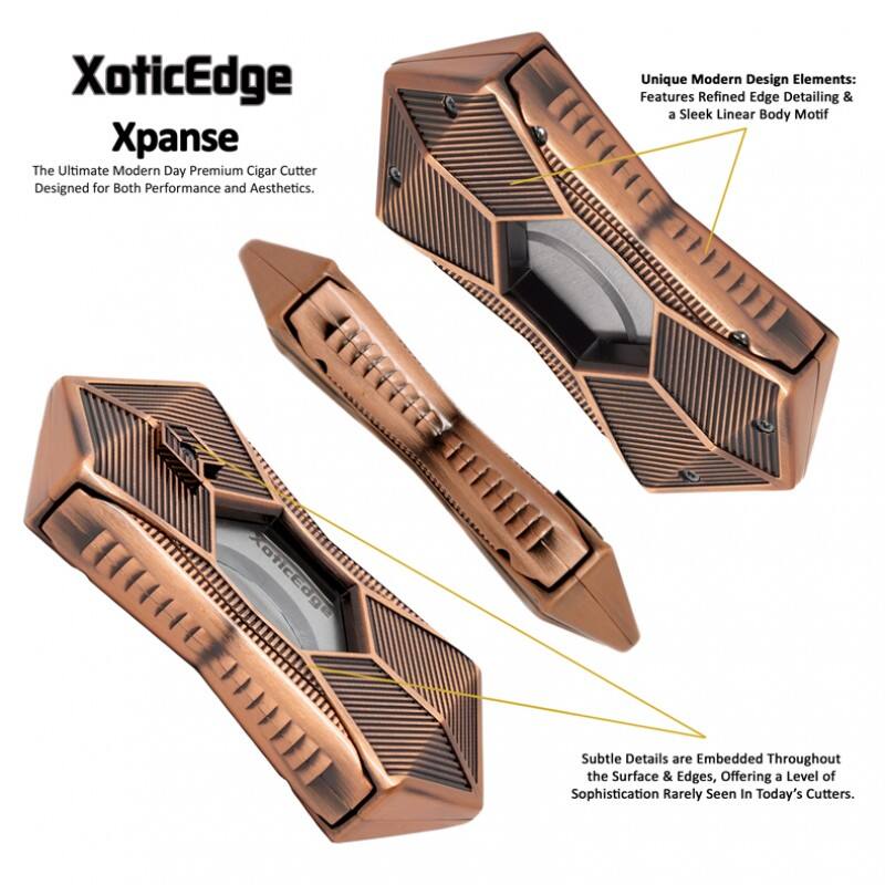 XoticEdge Xpance  
The Ultimate Modern Day Premium Cigar Cutter Designed for Both Performance and Aesthetics.  

Unique Modern Design Elements: Features Refined Edge Detailing & a Sleek Linear Body Motif.  

Subtle Details are Embedded Throughout the Surface & Edges, Offering a Level of Sophistication Rarely Seen In Today's Cutters.