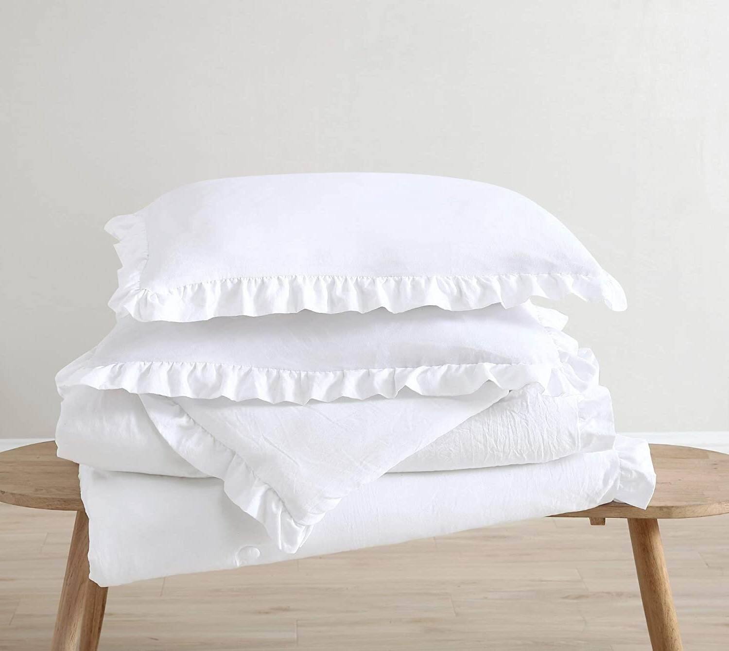 Left. Hivvago - Queen Size White Ruffled Edge Microfiber Comforter Set - White.