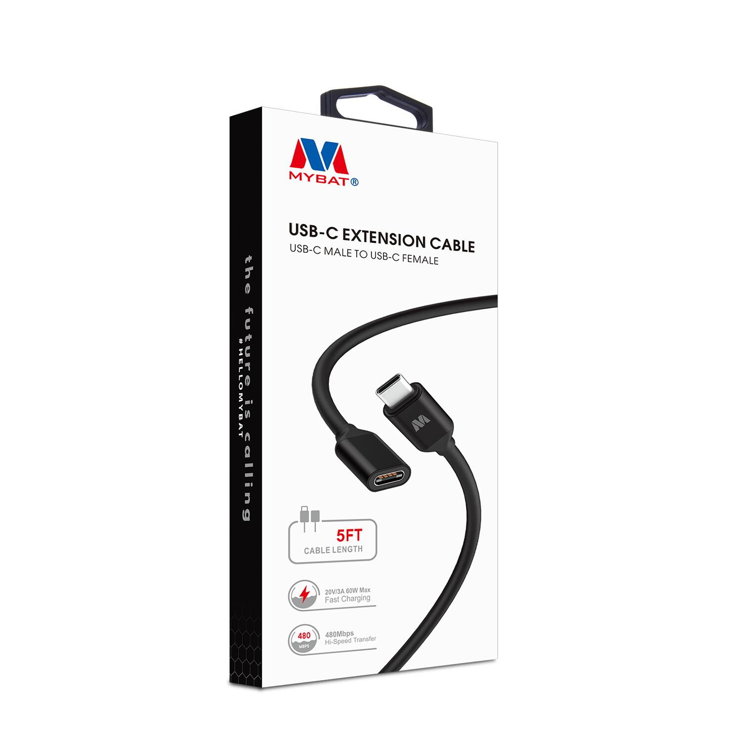 MYBAT®

USB-C EXTENSION CABLE  
USB-C MALE TO USB-C FEMALE

the future is calling

5FT  
CABLE LENGTH

20V/3A 60W Max  
Fast Charging

480  
480Mbps  
H-Speed Transfer