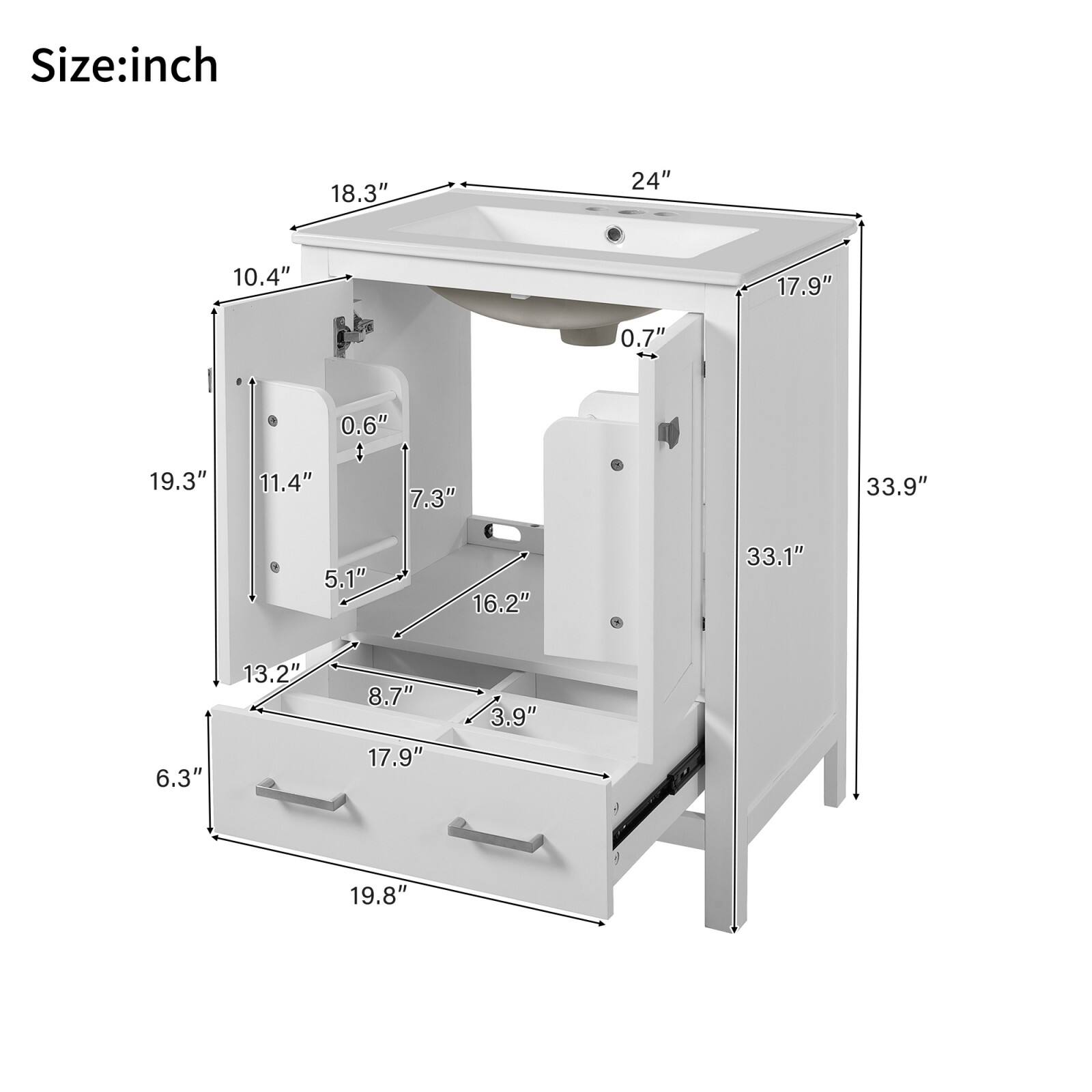 Size: inch  
- 24"  
- 18.3"  
- 17.9"  
- 10.4"  
- 19.3"  
- 11.4"  
- 7.3"  
- 0.6"  
- 0.7"  
- 33.9"  
- 33.1"  
- 16.2"  
- 13.2"  
- 8.7"  
- 6.3"  
- 19.8"  
- 19.8"  
- 3.9"