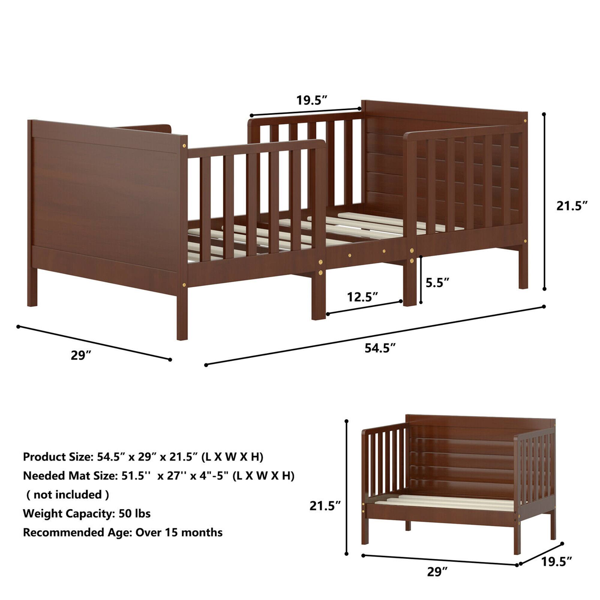 Product Size: 54.5" x 29" x 21.5" (L x W x H)  
Needed Mat Size: 51.5" x 27" x 4"-5" (L x W x H) (not included)  
Weight Capacity: 50 lbs  
Recommended Age: Over 15 months  

Dimensions:  
- Length: 54.5"  
- Width: 29"  
- Height: 21.5"  
- Side Rail Height: 21.5"  
- Side Rail Width: 19.5"  
- Front Rail Height: 21.5"  
- Front Rail Width: 19.5"  
- Bottom Rail Height: 5.5"  
- Bottom Rail Width: 12.5"