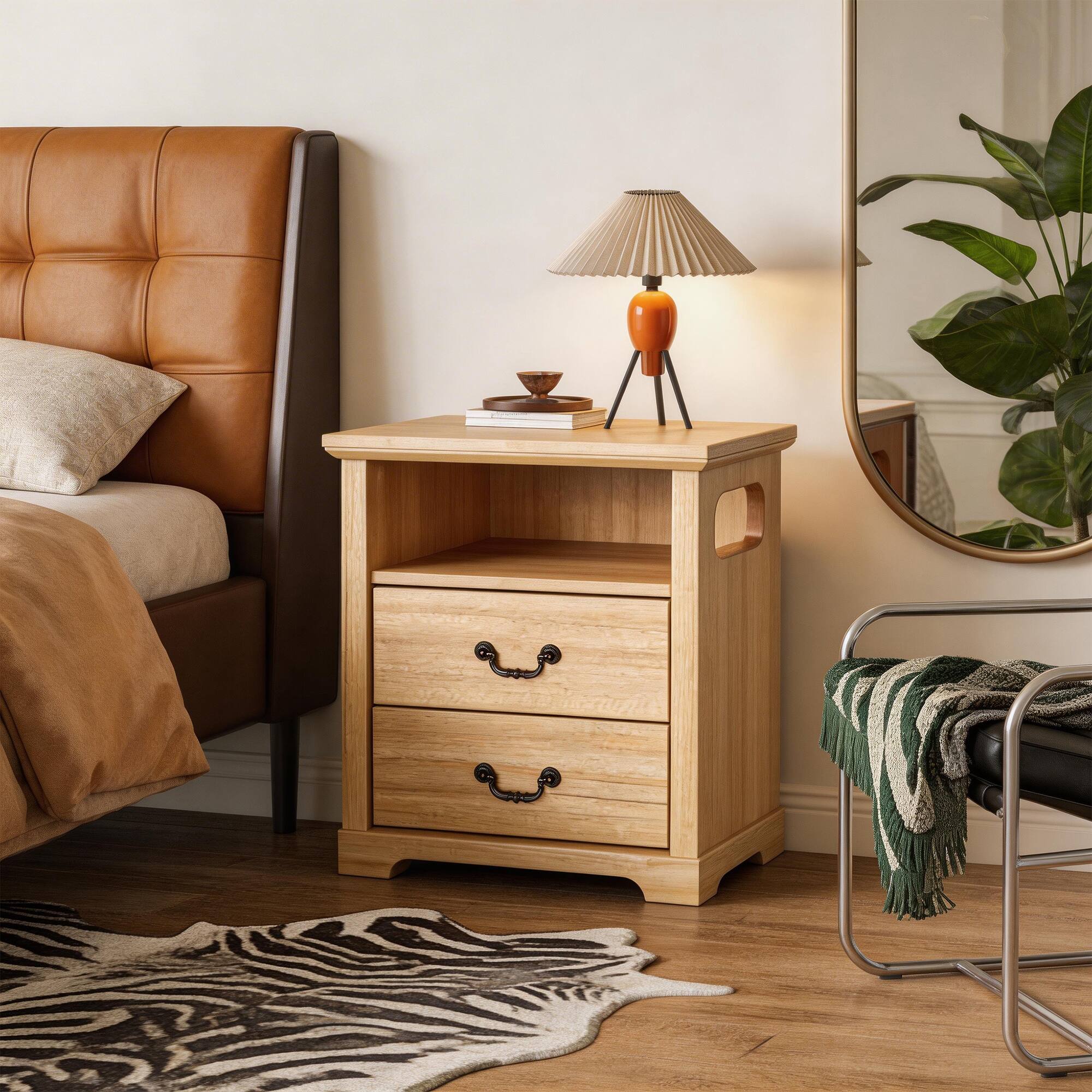 Angle. Vaczon - Rustic Natural Nightstand Bedside Table with Open Shelf and 2 Drawers - Natural.