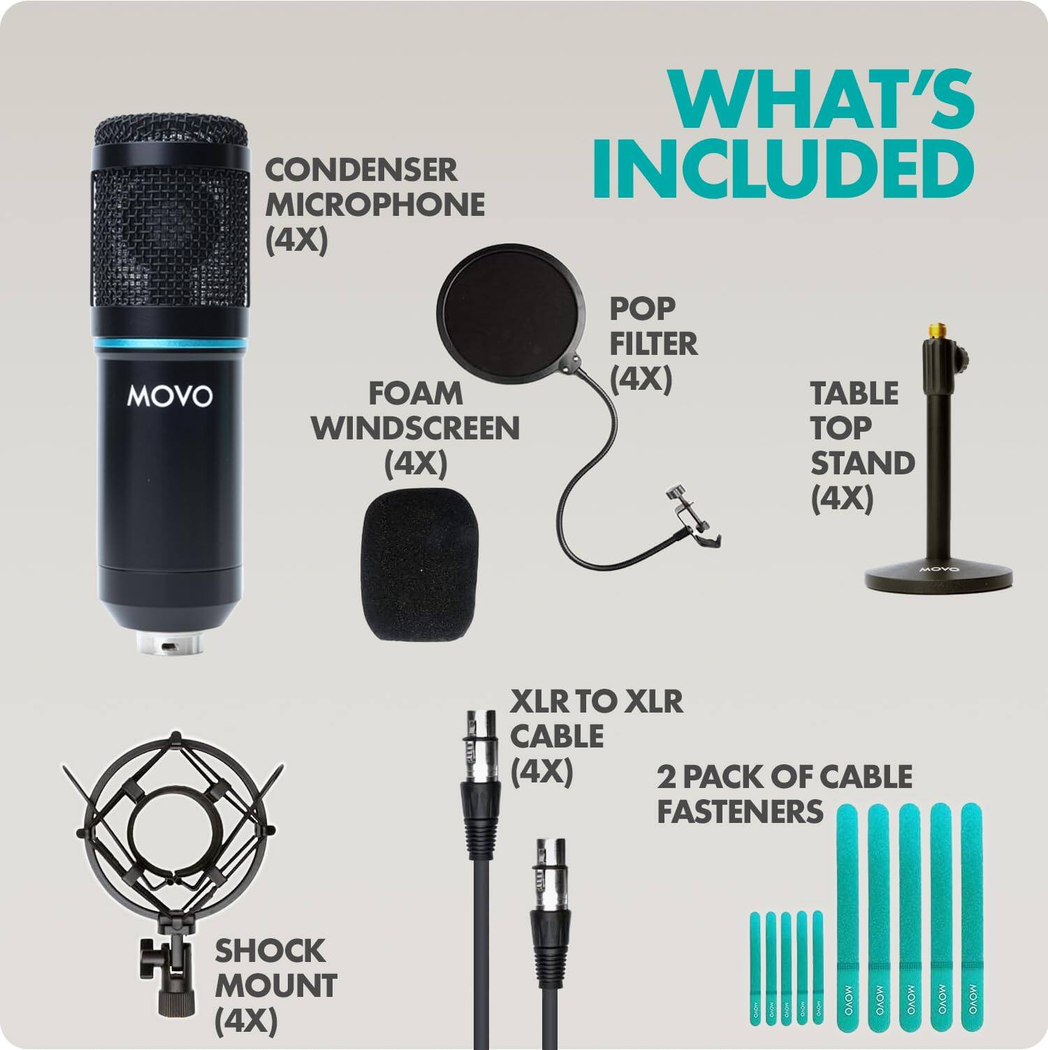 WHAT'S INCLUDED

CONDENSER MICROPHONE (4X)
MOVO
POP FILTER FOAM (4X) WINDSCREEN (4X)
TABLE TOP STAND (4X)
MOVO
XLR TO XLR CABLE (4X) 2 PACK OF CABLE FASTENERS
SHOCK MOUNT (4X)