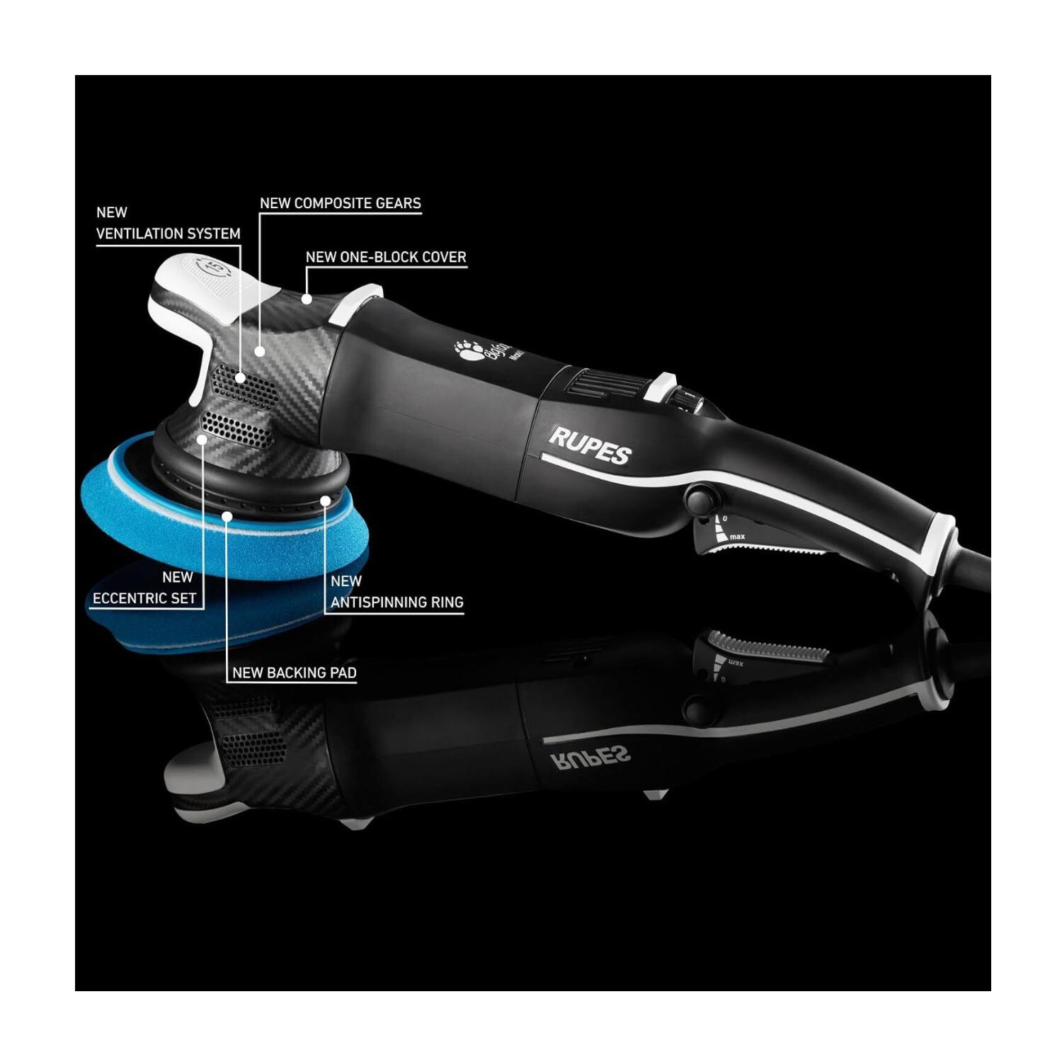 NEW COMPOSITE GEARS  
NEW VENTILATION SYSTEM  
NEW ONE-BLOCK COVER  
NEW ECCENTRIC SET  
NEW ANTISPINNING RING  
NEW BACKING PAD  
- RUPES