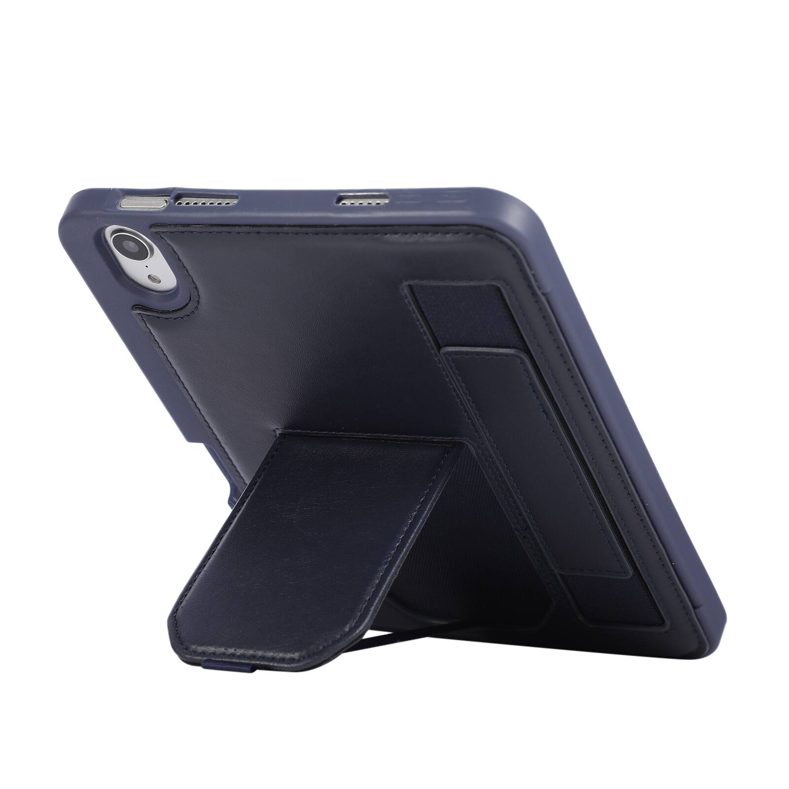 Left. Dteck - Shockproof Case for Apple iPad mini (A17 Pro) 2024 with Hand Strap and Foldable Stand, PU Leather TPU Protective Cover - Blue.