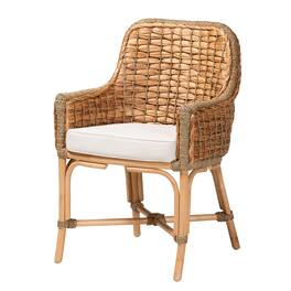 bali & pari - Kyle Modern Bohemian Woven Rattan Dining Arm Chair with Cushion - White/Natural Brown