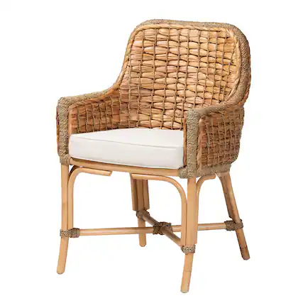 Front. bali & pari - Kyle Modern Bohemian Woven Rattan Dining Arm Chair with Cushion - White/Natural Brown.